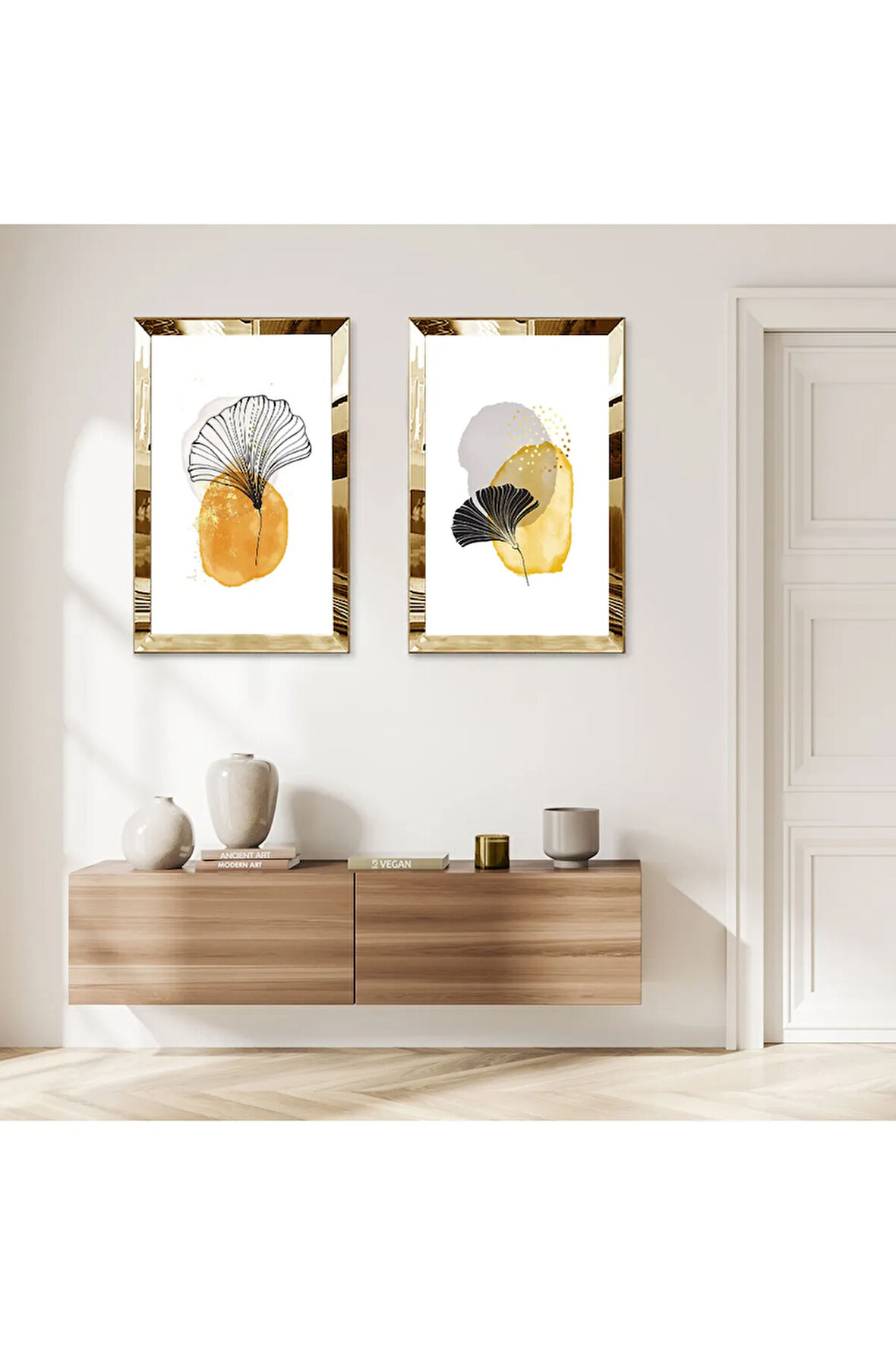 GOLD AYNALI PLEKSİ ÇERÇEVELİ BEYAZ ARKA PLANLI MODERN ÇİÇEK İKİLİ MDF TABLO SETİ