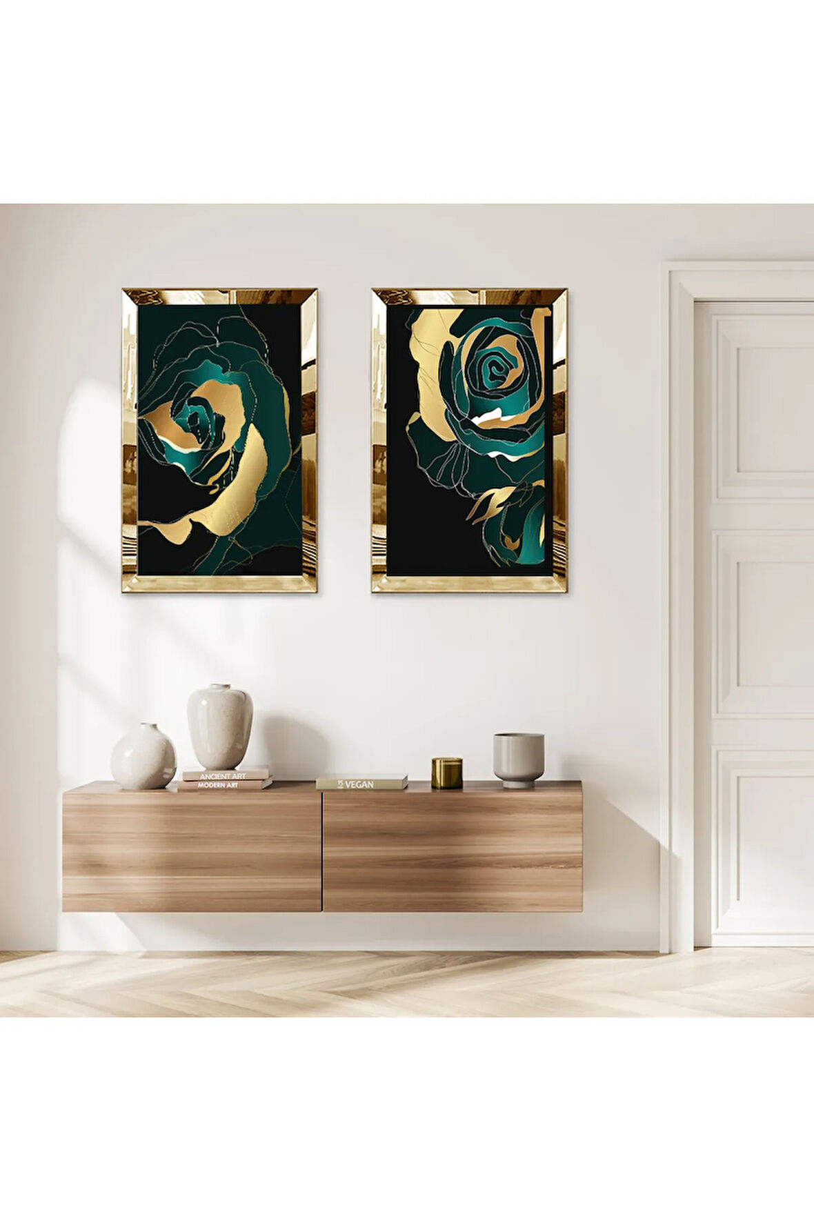 GOLD AYNALI PLEKSİ ÇERÇEVELİ SİYAH ARKA PLANLI DEKORATİF GÜL İKİLİ MDF TABLO SETİ
