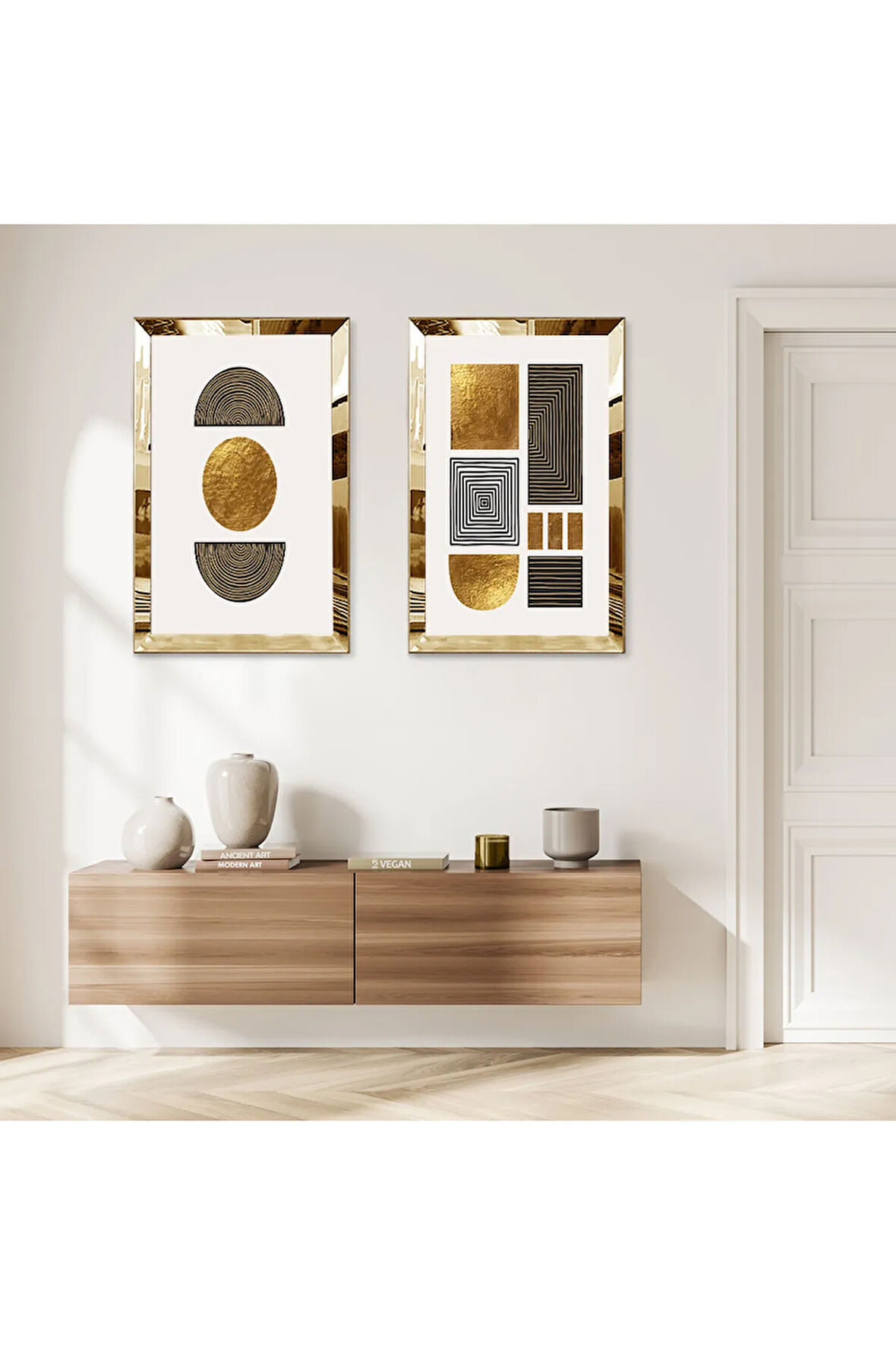 GOLD AYNALI PLEKSİ ÇERÇEVELİ BEYAZ ARKA PLANLI DEKORATİF SOYUT ŞEKİLLER İKİLİ MDF TABLO SETİ