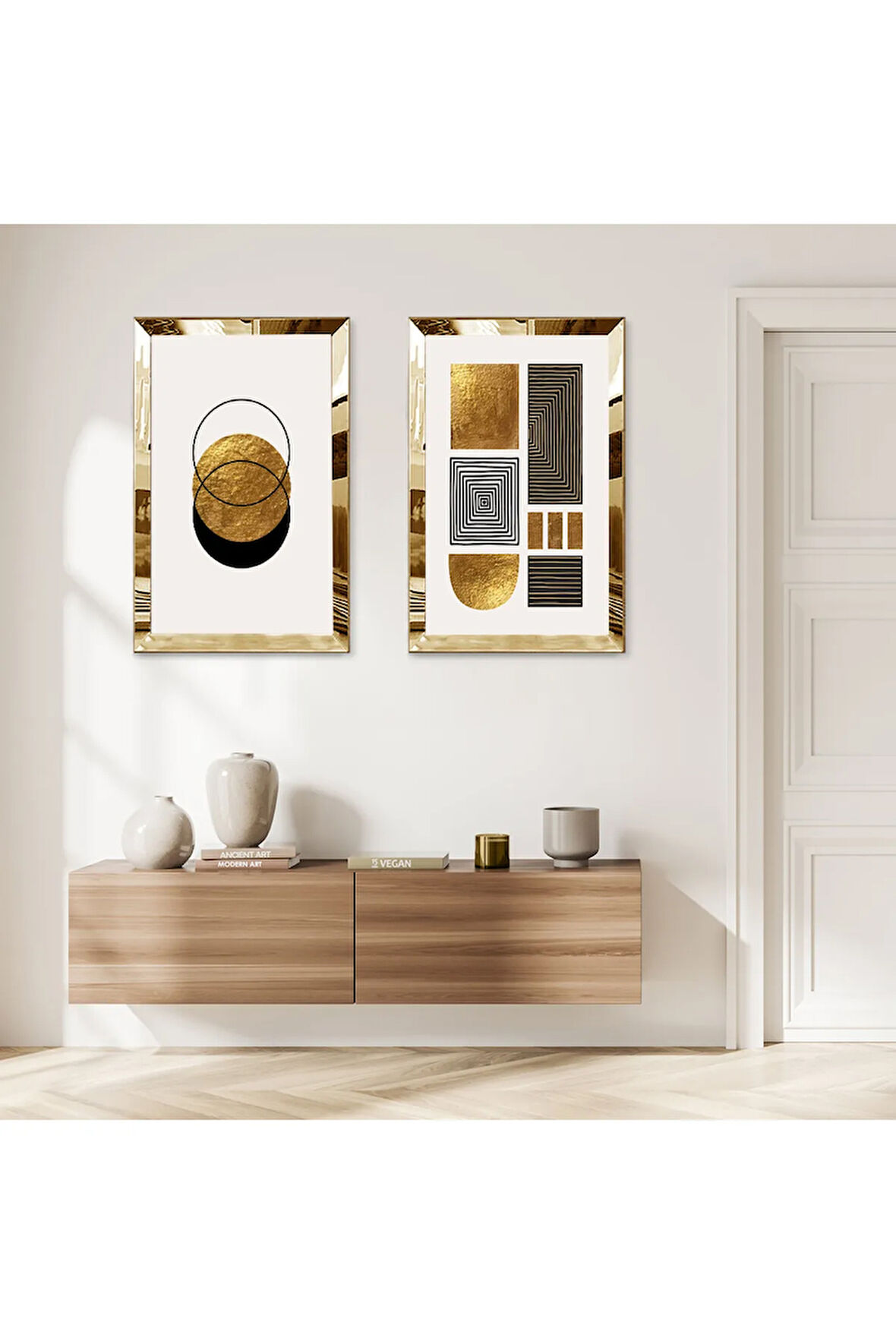 GOLD AYNALI PLEKSİ ÇERÇEVELİ DEKORATİF BEYAZ ARKA PLANLI SOYUT ŞEKİLLER İKİLİ MDF TABLO SETİ