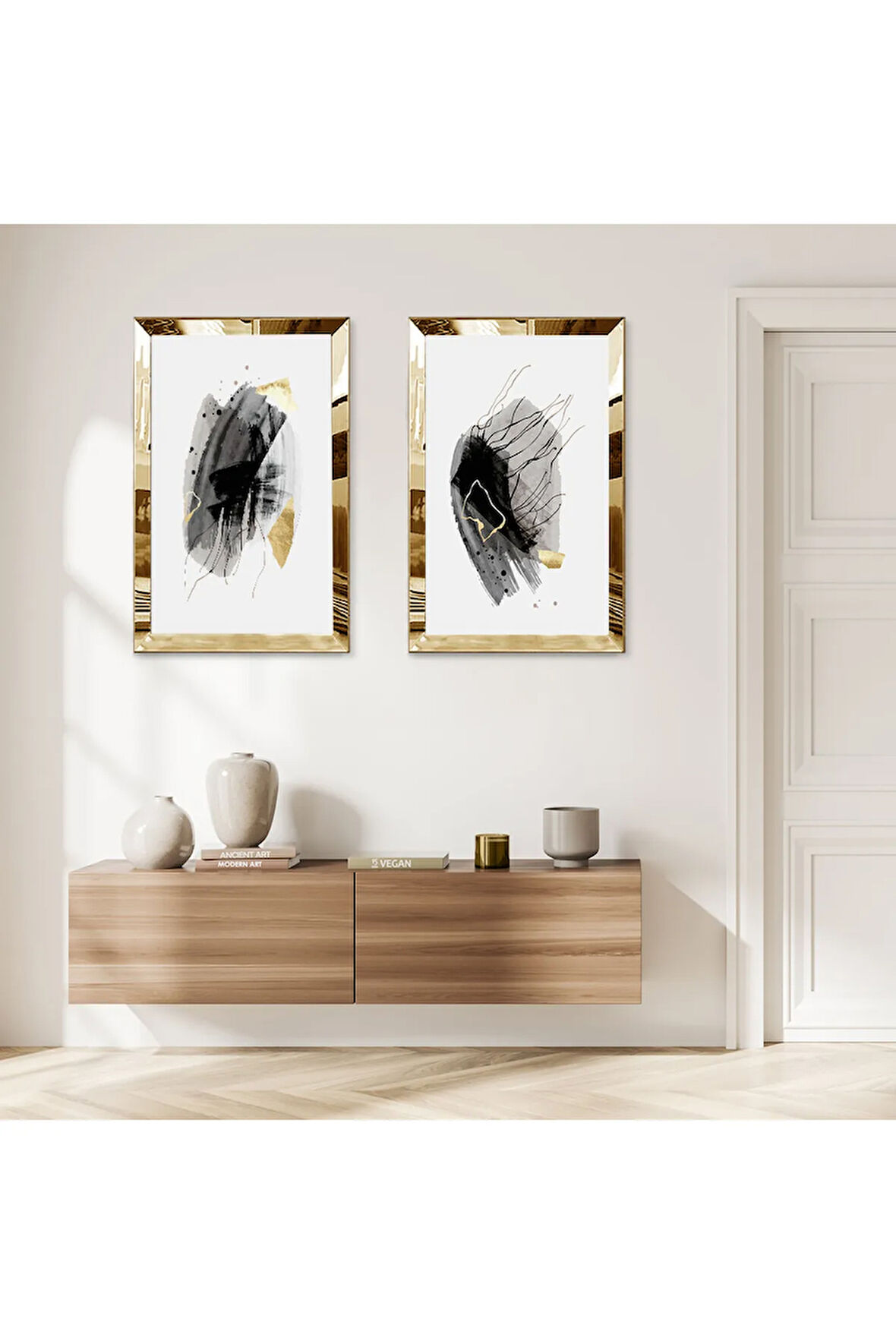 GOLD AYNALI PLEKSİ ÇERÇEVELİ BEYAZ ARKA PLANLI MODERN FIRÇA İZLERİ İKİLİ MDF TABLO SETİ