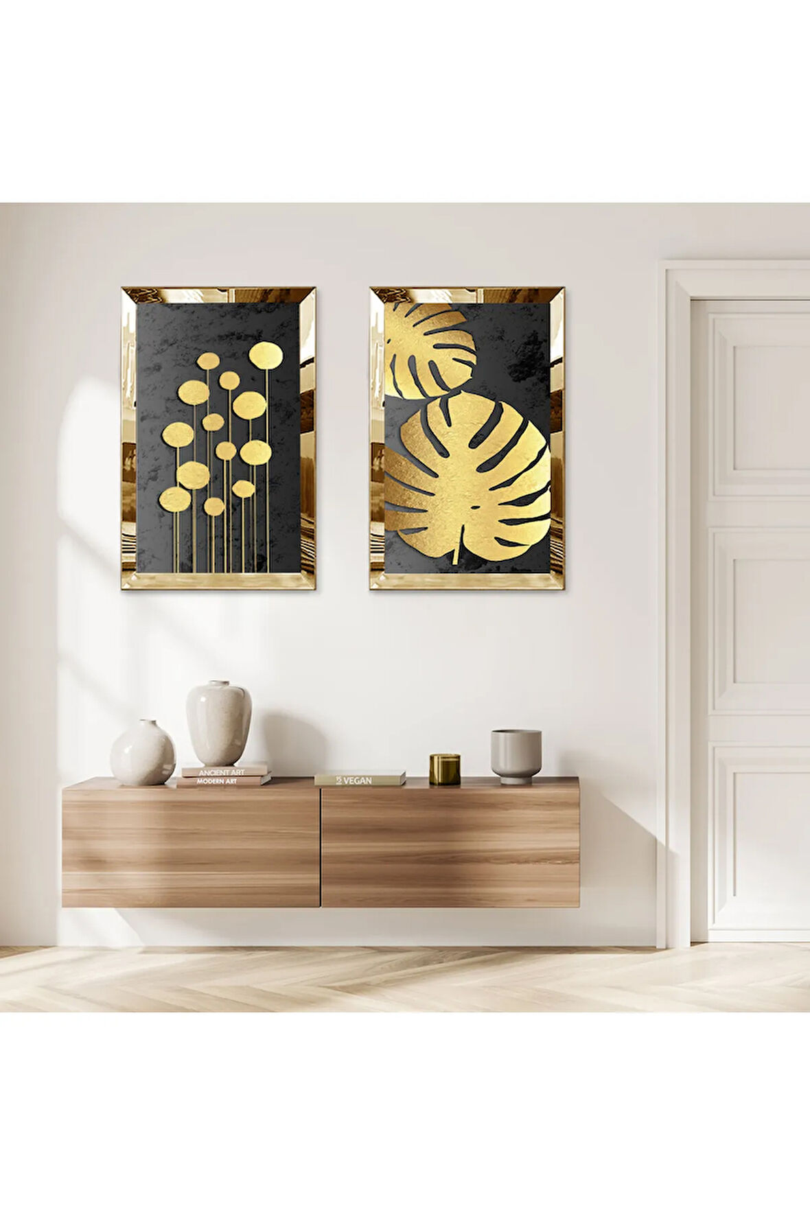 GOLD AYNALI PLEKSİ ÇERÇEVELİ SİYAH ARKA PLANLI DEKORATİF GOLD ÇİÇEKLER İKİLİ MDF TABLO SETİ