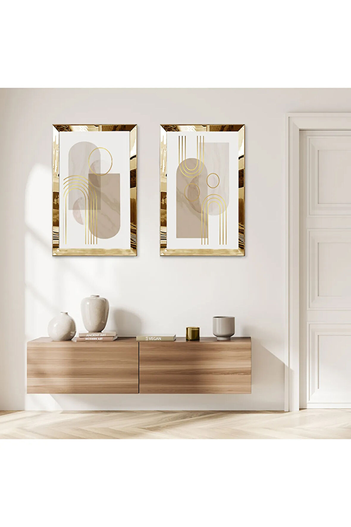 GOLD AYNALI PLEKSİ ÇERÇEVELİ BEYAZ ARKA PLANLI ŞEKİLLER MODERN İKİLİ MDF TABLO SETİ