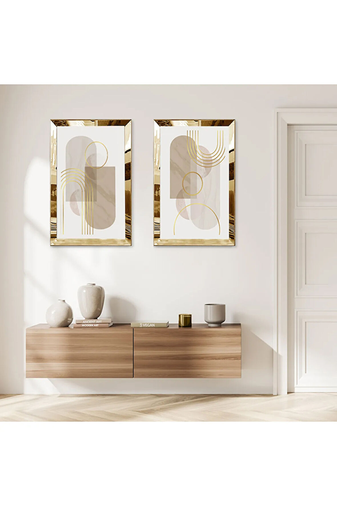 GOLD AYNALI PLEKSİ ÇERÇEVELİ BEYAZ ARKA PLANLI MODERN SOYUT ŞEKİLLER DEKORATİF İKİLİ MDF TABLO SETİ