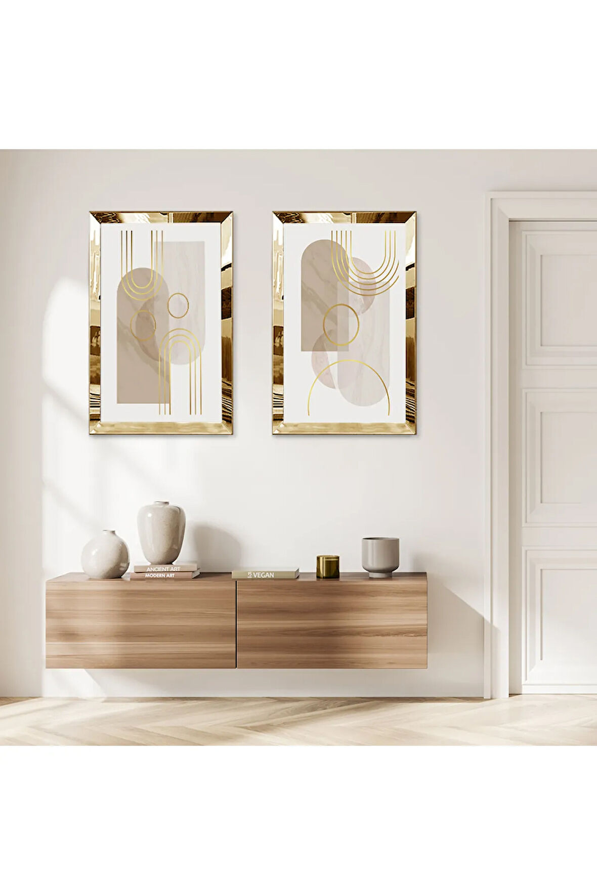 GOLD AYNALI PLEKSİ ÇERÇEVELİ DEKORATİF BEYAZ ARKA PLANLI ŞEKİLLER İKİLİ MDF TABLO SETİ