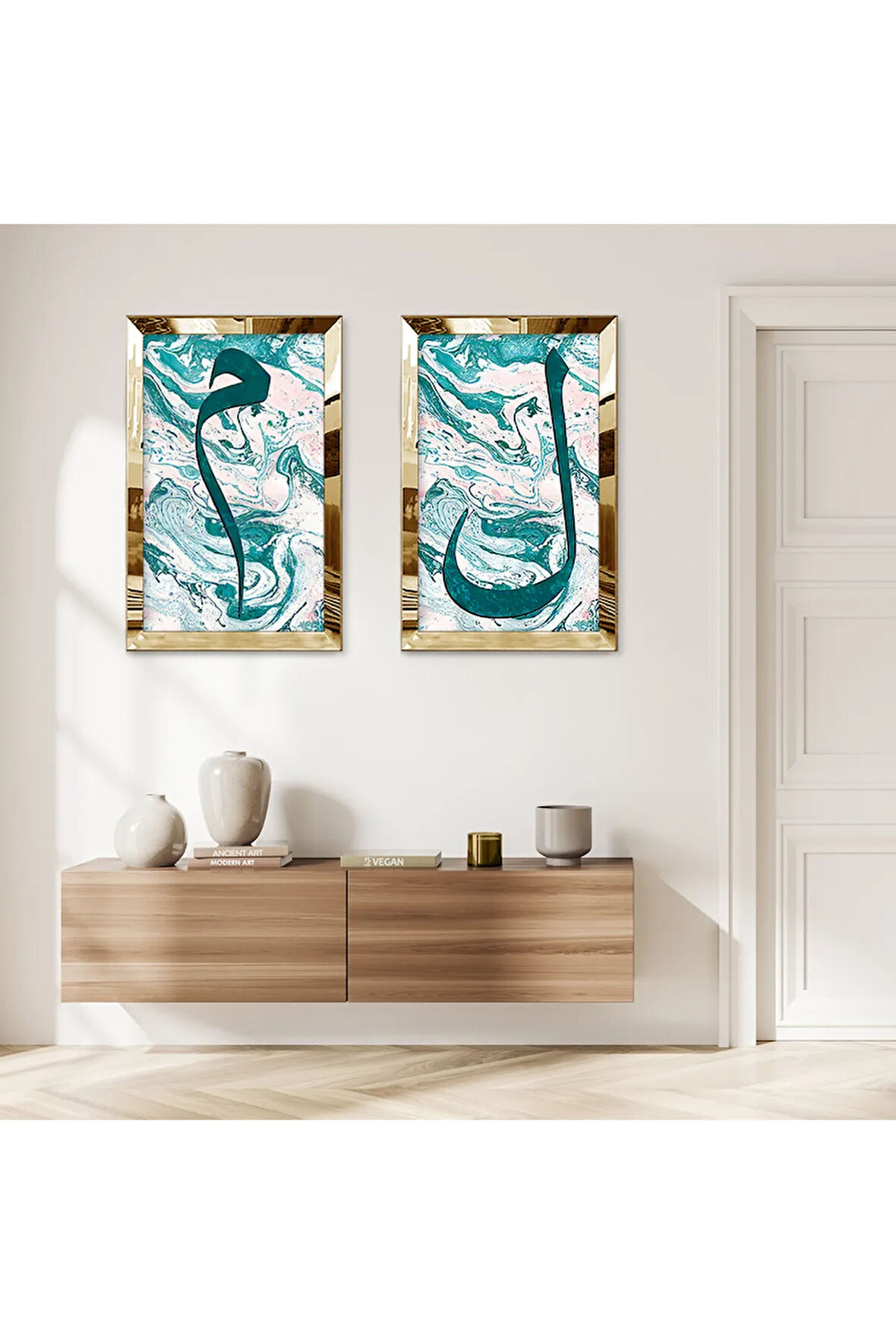 GOLD AYNALI PLEKSİ ÇERÇEVELİ BEYAZ ARKA PLANLI SU YEŞİLİ DESENLİ DEKORATİF DİNİ İKİLİ MDF TABLO SETİ