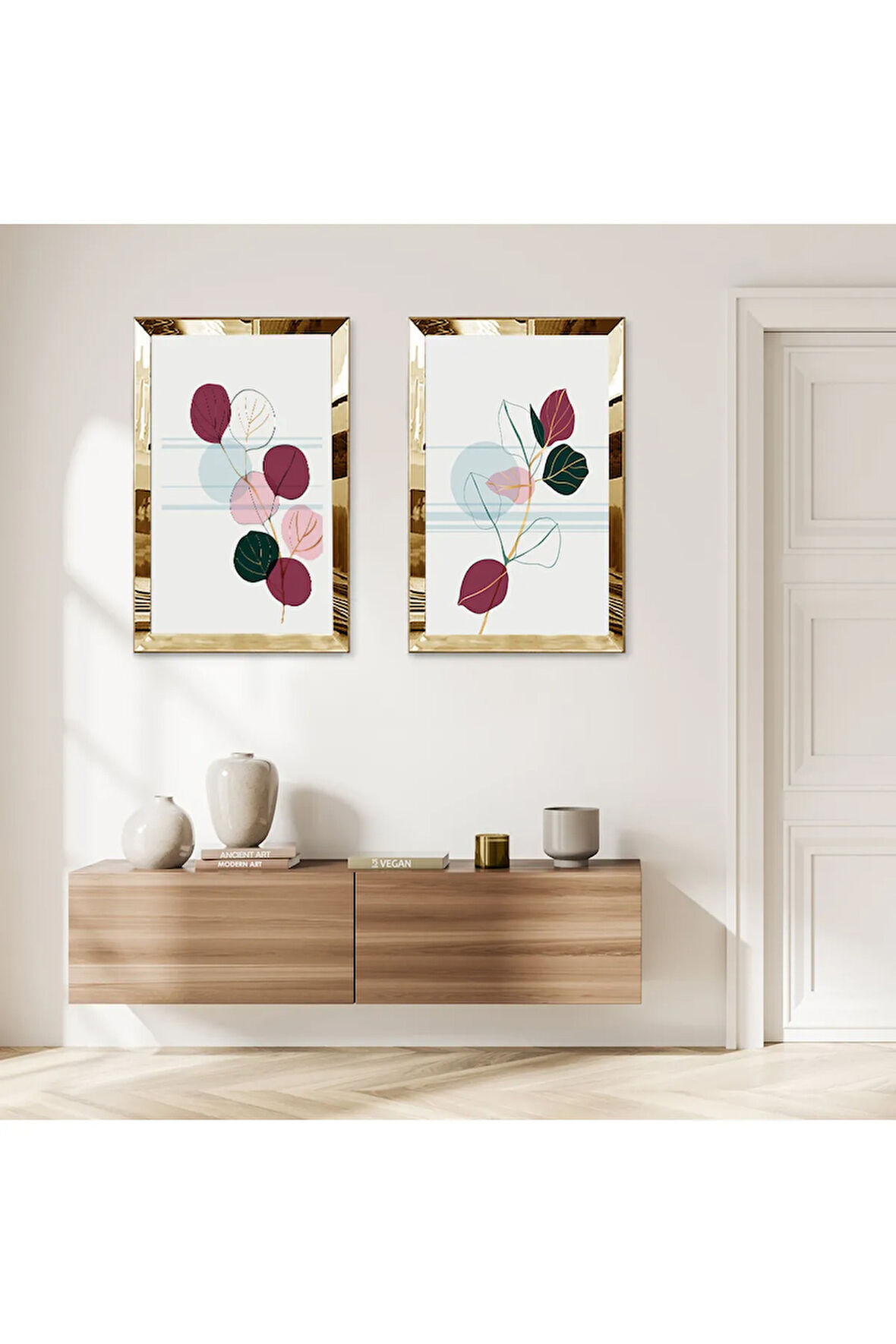 GOLD AYNALI PLEKSİ ÇERÇEVELİ BEYAZ ARKA PLANLI PEMBE DEKORATİF ÇİÇEKLER İKİLİ MDF TABLO SETİ