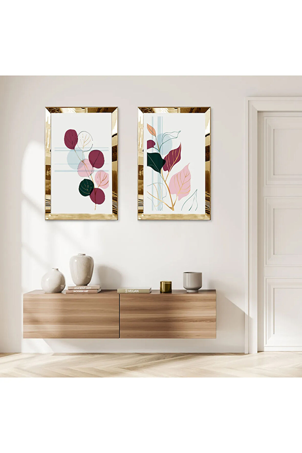 GOLD AYNALI PLEKSİ ÇERÇEVELİ BEYAZ ARKA PLANLI PEMBE MODERN ÇİÇEKLER İKİLİ MDF TABLO SETİ