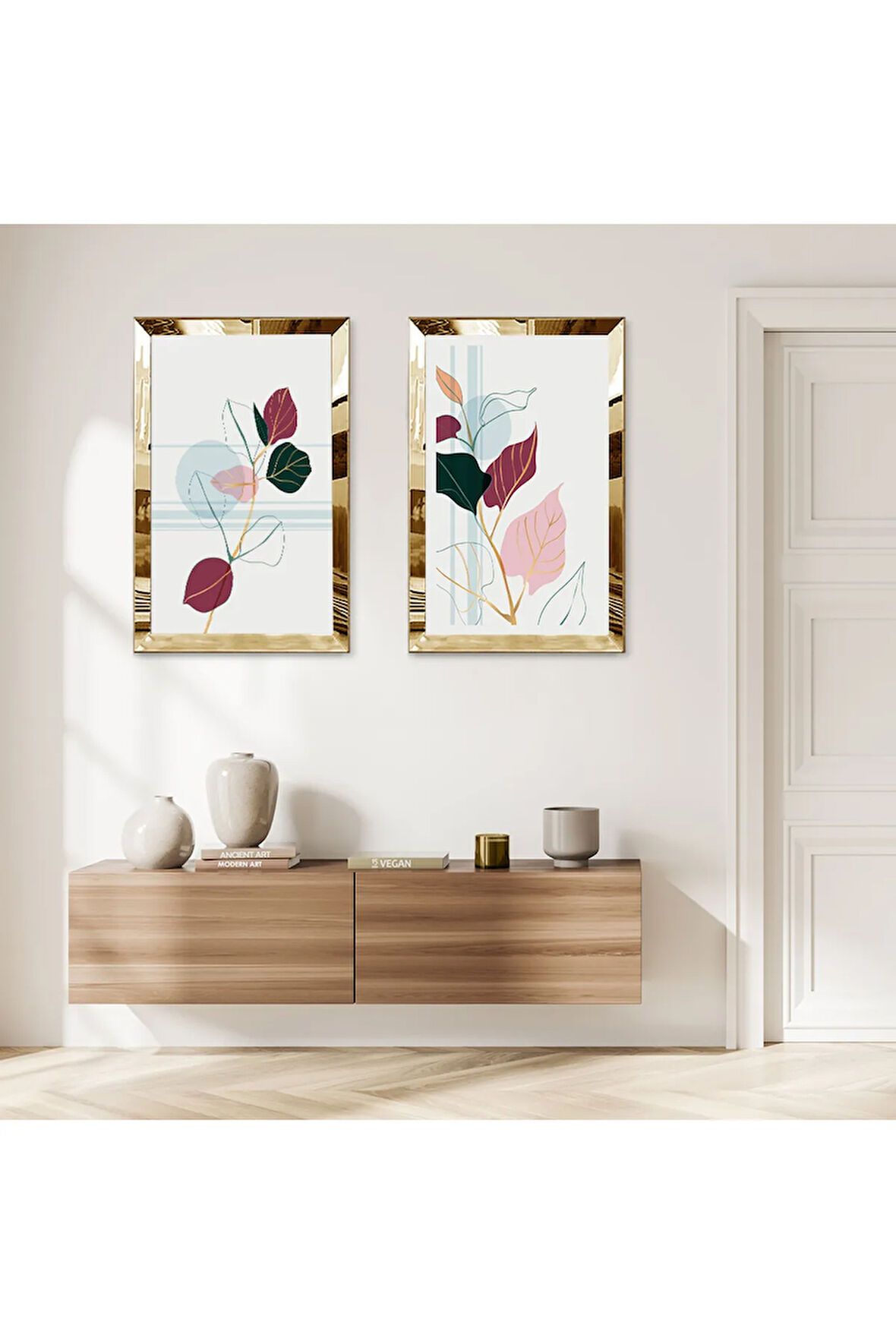 GOLD AYNALI PLEKSİ ÇERÇEVELİ BEYAZ ARKA PLANLI PEMBE ÇİÇEKLER İKİLİ MDF TABLO SETİ