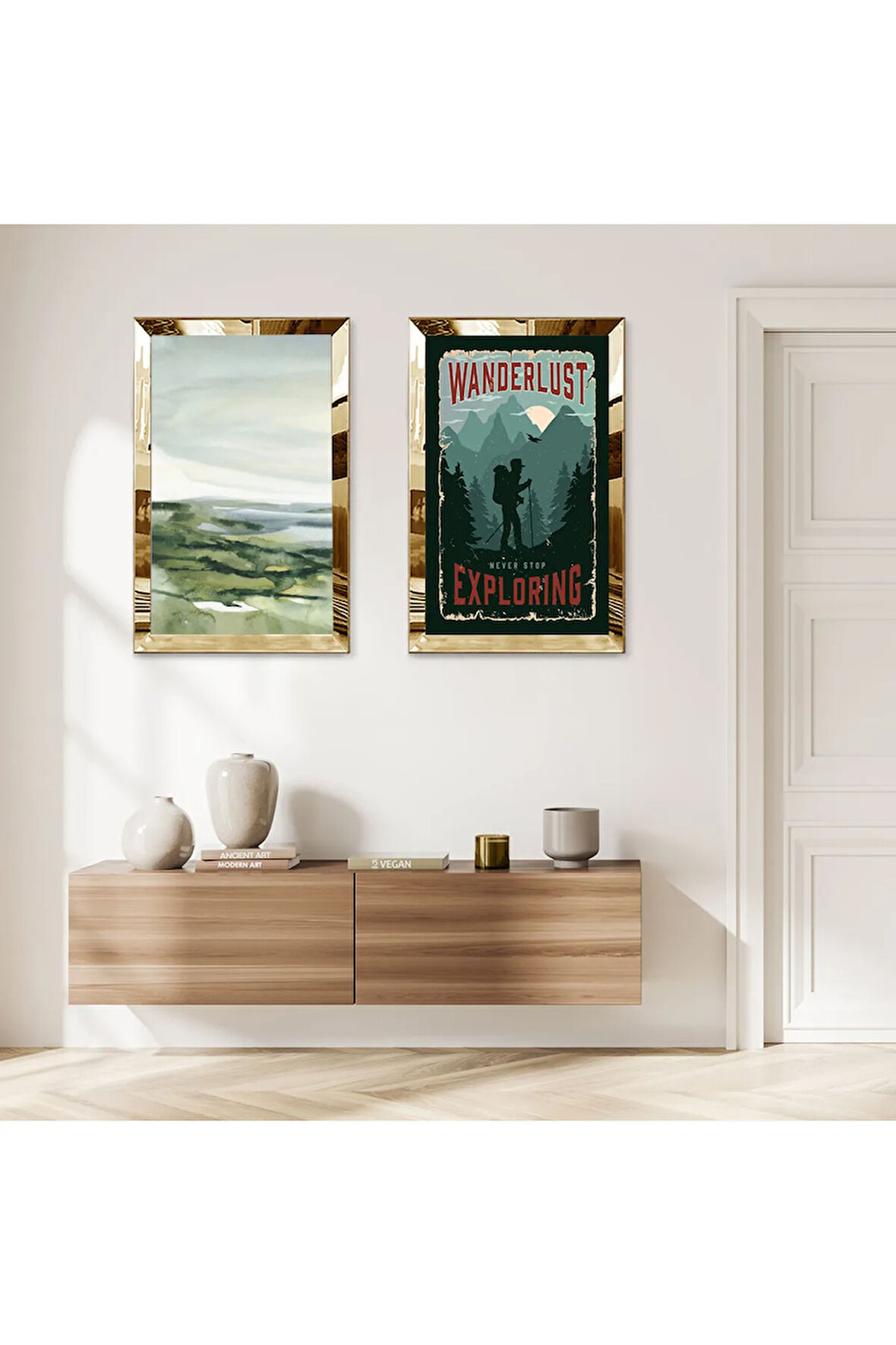 GOLD AYNALI PLEKSİ ÇERÇEVELİ MODERN AFİŞ VE YEŞİL DENİZ MANZARALI DEKORATİF İKİLİ MDF TABLO SETİ