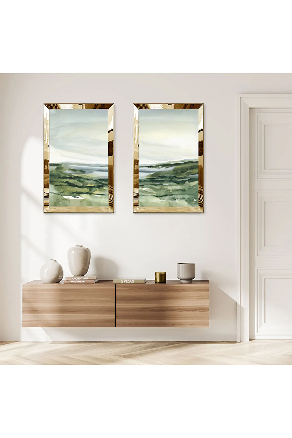 GOLD AYNALI PLEKSİ ÇERÇEVELİ YEŞİL MODERN DENİZ MANZARALI İKİLİ MDF TABLO SETİ