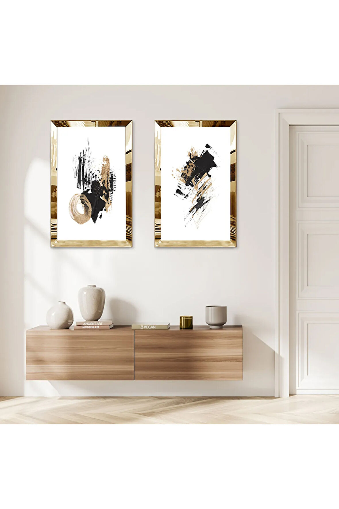 GOLD AYNALI PLEKSİ ÇERÇEVELİ BEYAZ ARKA PLANLI MODERN SOYUT FIRÇA İZLERİ İKİLİ MDF TABLO SETİ