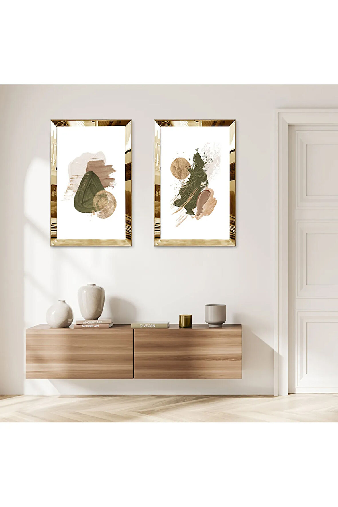 GOLD AYNALI PLEKSİ ÇERÇEVELİ BEYAZ ARKA PLANLI KOYU YEŞİL MODERN SOYUT ŞEKİLLER İKİLİ MDF TABLO SETİ