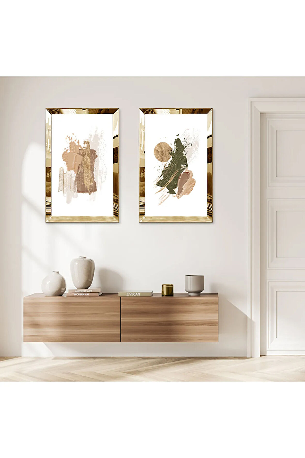 GOLD AYNALI PLEKSİ ÇERÇEVELİ BEYAZ ARKA PLANLI KOYU YEŞİL SOYUT ŞEKİLLER İKİLİ MDF TABLO SETİ