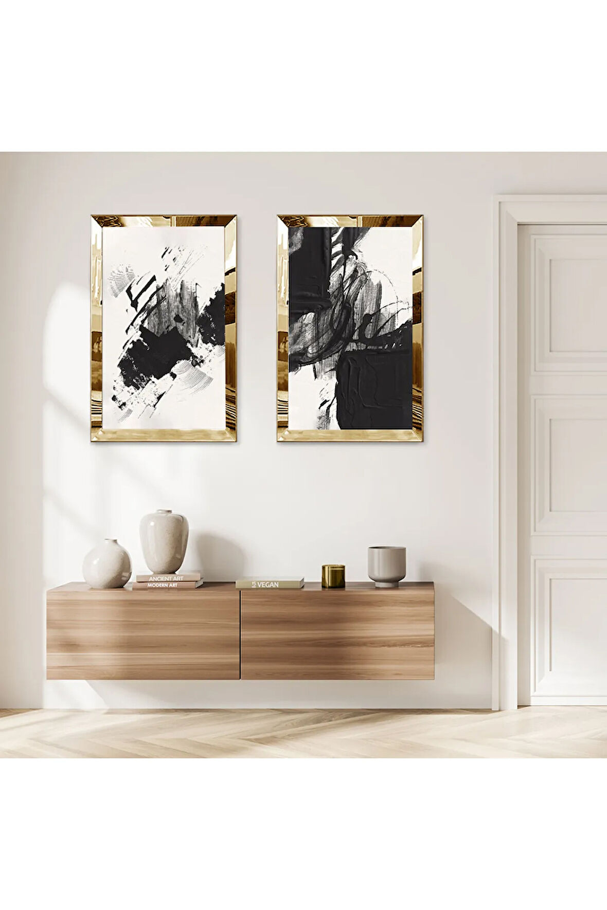 GOLD AYNALI PLEKSİ ÇERÇEVELİ BEYAZ ARKA PLANLI MODERN SİYAH FIRÇA İZLERİ İKİLİ MDF TABLO SETİ