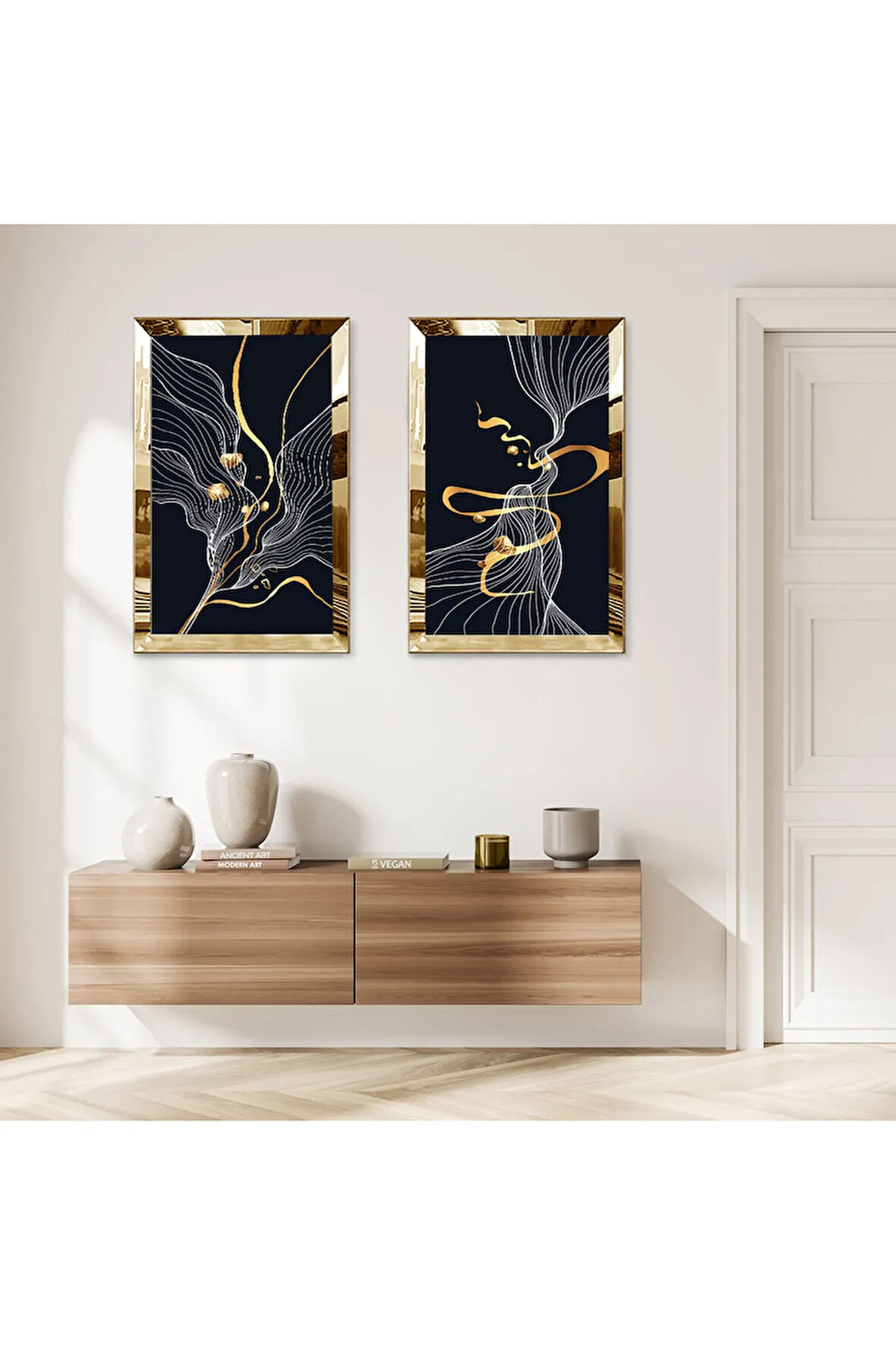GOLD AYNALI PLEKSİ ÇERÇEVELİ SİYAH ARKA PLANLI MODERN BEYAZ ÇİZGİLER İKİLİ MDF TABLO SETİ