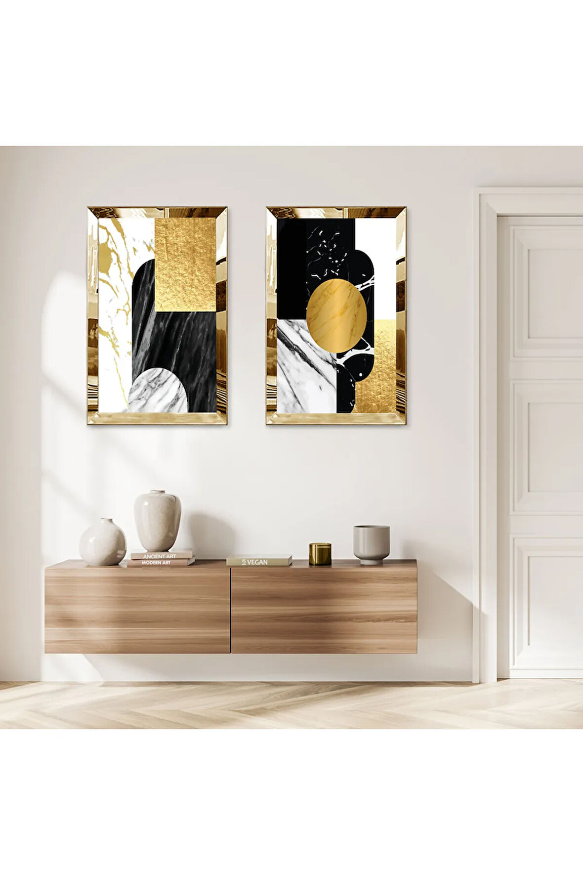 GOLD AYNALI PLEKSİ ÇERÇEVELİ BEYAZ ARKA PLANLI MODERN GOLD VE SİYAH DESENLER İKİLİ MDF TABLO SETİ