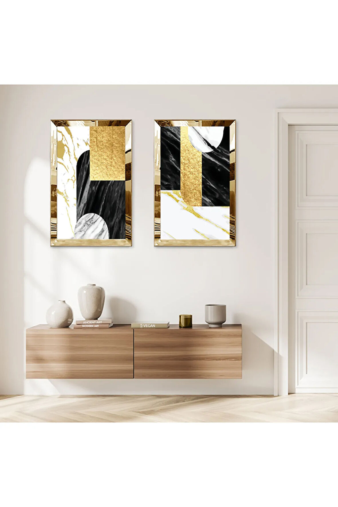 GOLD AYNALI PLEKSİ ÇERÇEVELİ BEYAZ ARKA PLANLI DEKORATİF GOLD VE SİYAH DESENLER İKİLİ MDF TABLO SETİ
