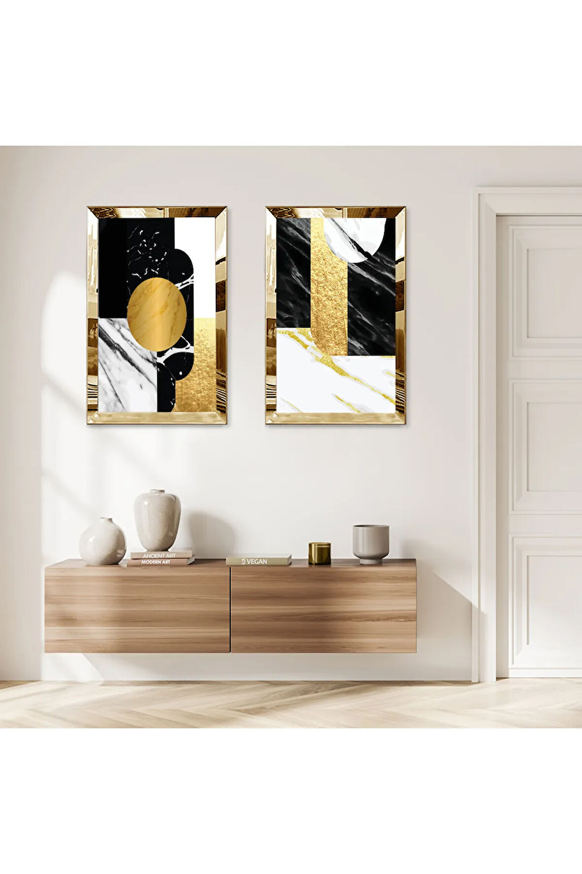 GOLD AYNALI PLEKSİ ÇERÇEVELİ BEYAZ ARKA PLANLI GOLD VE SİYAH DESENLER İKİLİ MDF TABLO SETİ