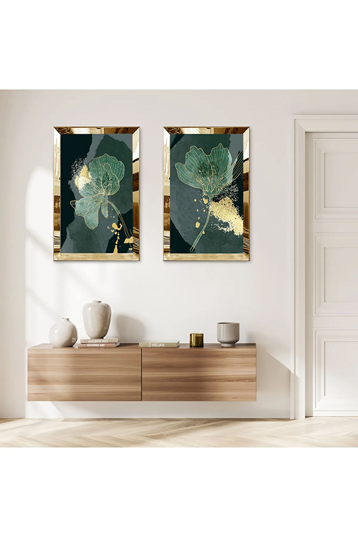 GOLD AYNALI PLEKSİ ÇERÇEVELİ YEŞİL SOYUT DEKORATİF GÜL İKİLİ MDF TABLO SETİ