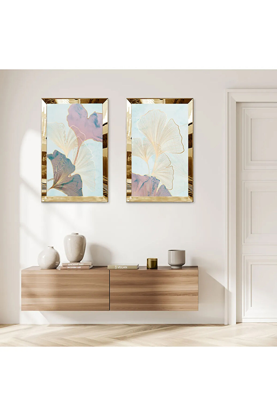 GOLD AYNALI PLEKSİ ÇERÇEVELİ MODERN SOYUT GÜL İKİLİ MDF TABLO SETİ