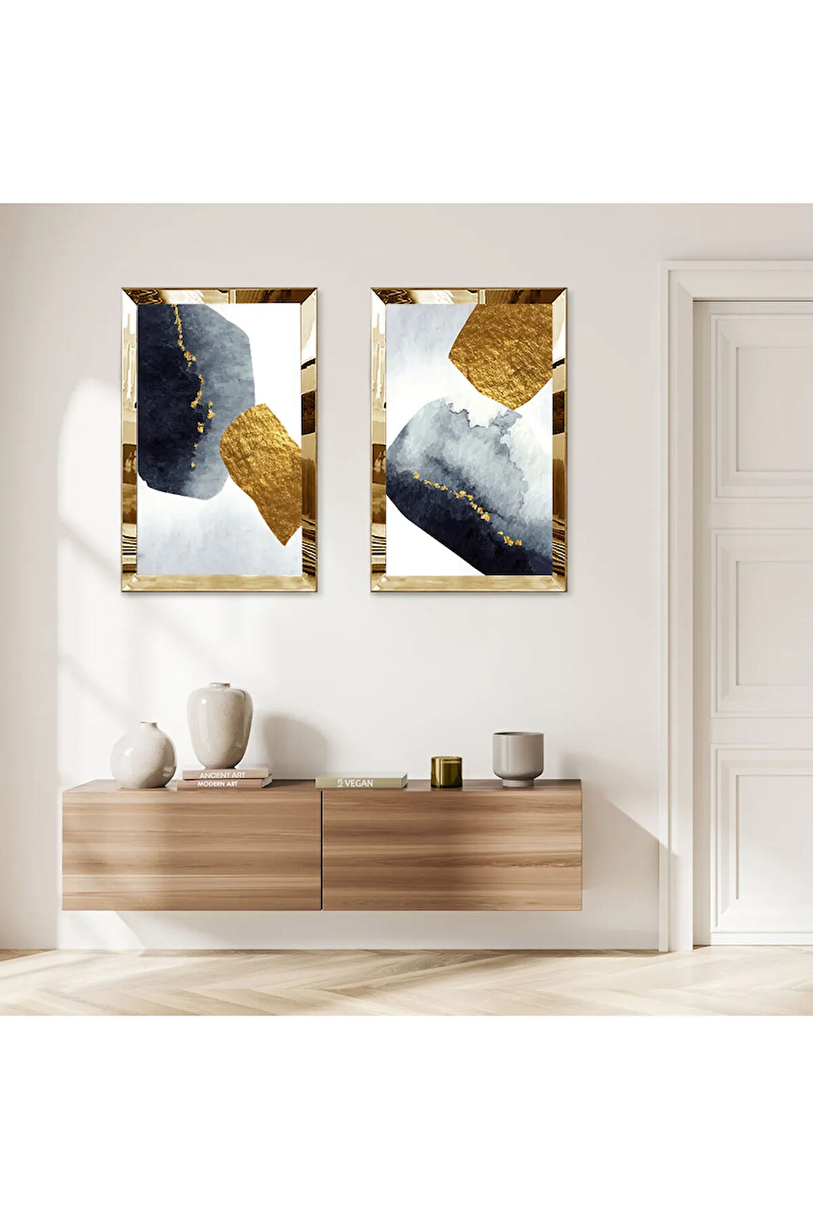 GOLD AYNALI PLEKSİ ÇERÇEVELİ BEYAZ ARKA PLANLI SİYAH VE GOLD SOYUT ŞEKİLLER İKİLİ MDF TABLO SETİ