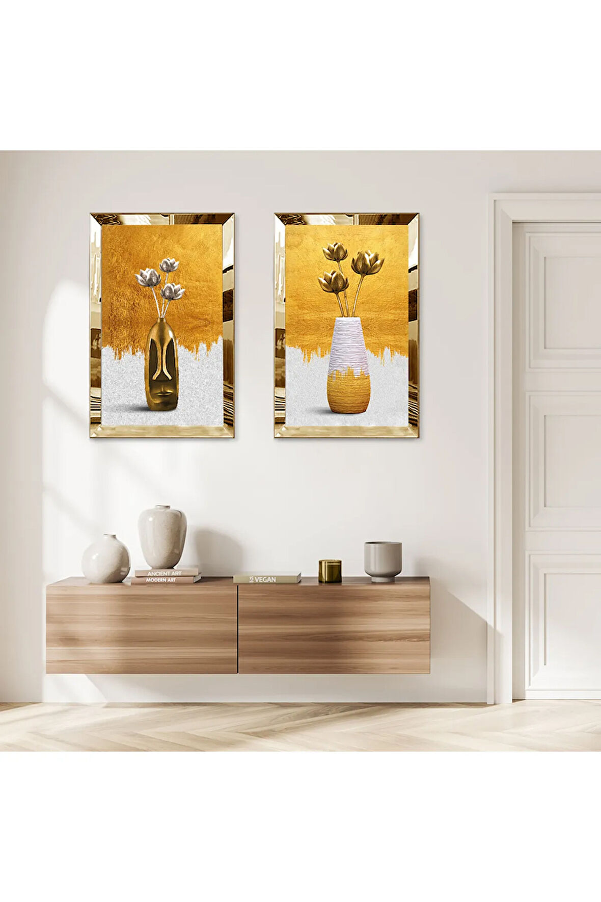 GOLD AYNALI PLEKSİ ÇERÇEVELİ GOLD VE BEYAZ MODERN VAZO İKİLİ MDF TABLO SETİ