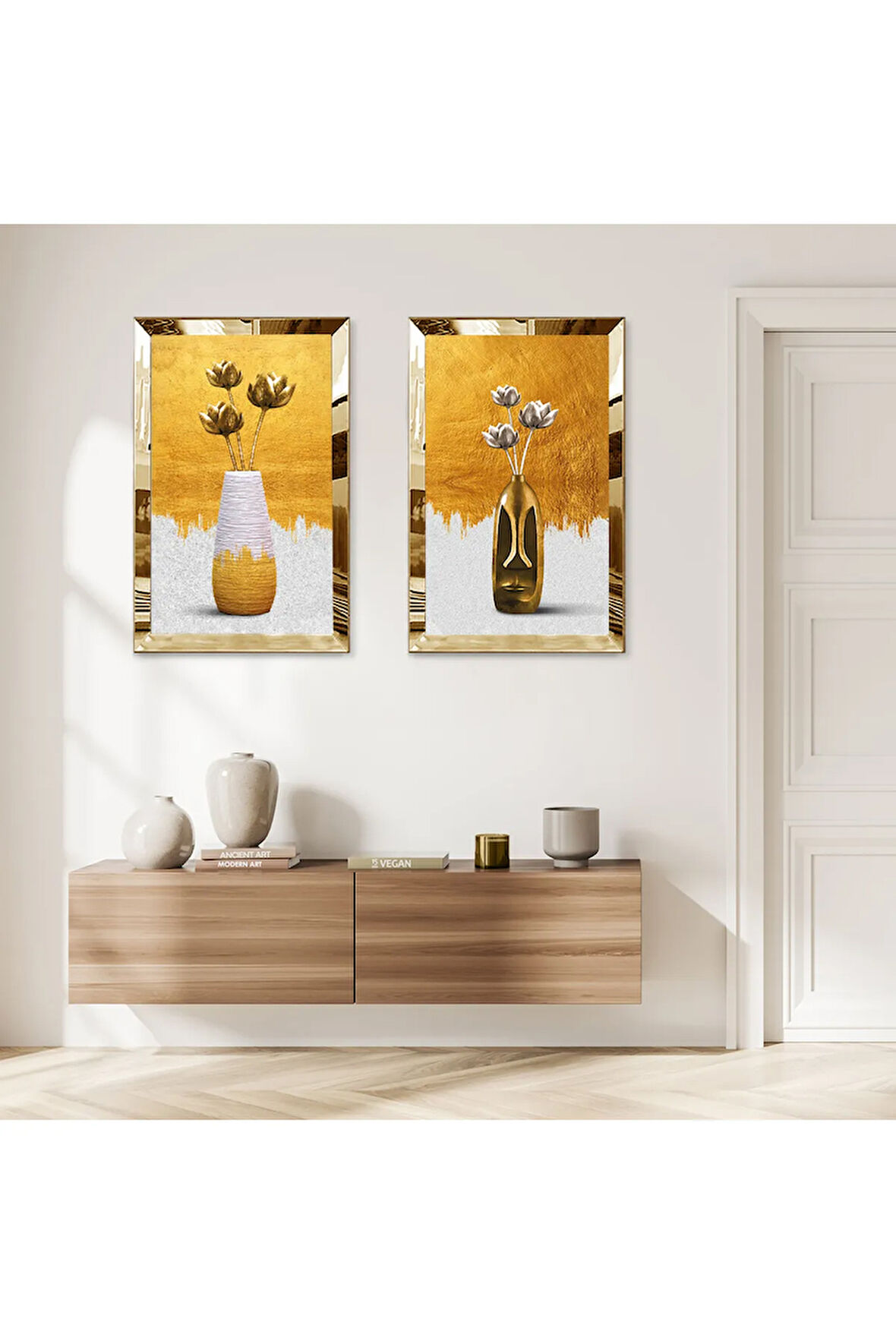 GOLD AYNALI PLEKSİ ÇERÇEVELİ GOLD VE BEYAZ VAZO İKİLİ MDF TABLO SETİ