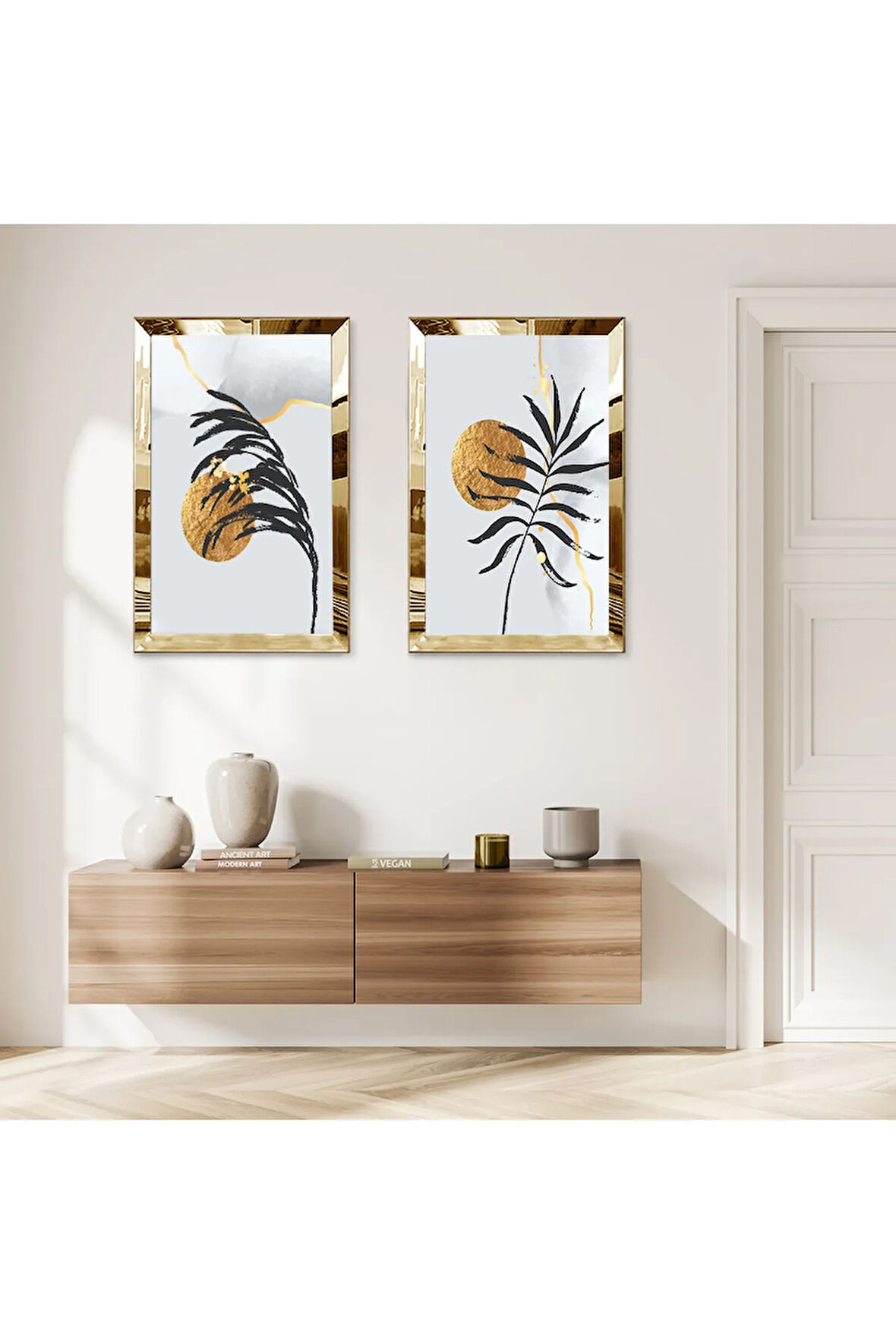 GOLD AYNALI PLEKSİ ÇERÇEVELİ BEYAZ ARKA PLANLI DEKORATİF BİTKİ VE GÜNEŞ İKİLİ MDF TABLO SETİ