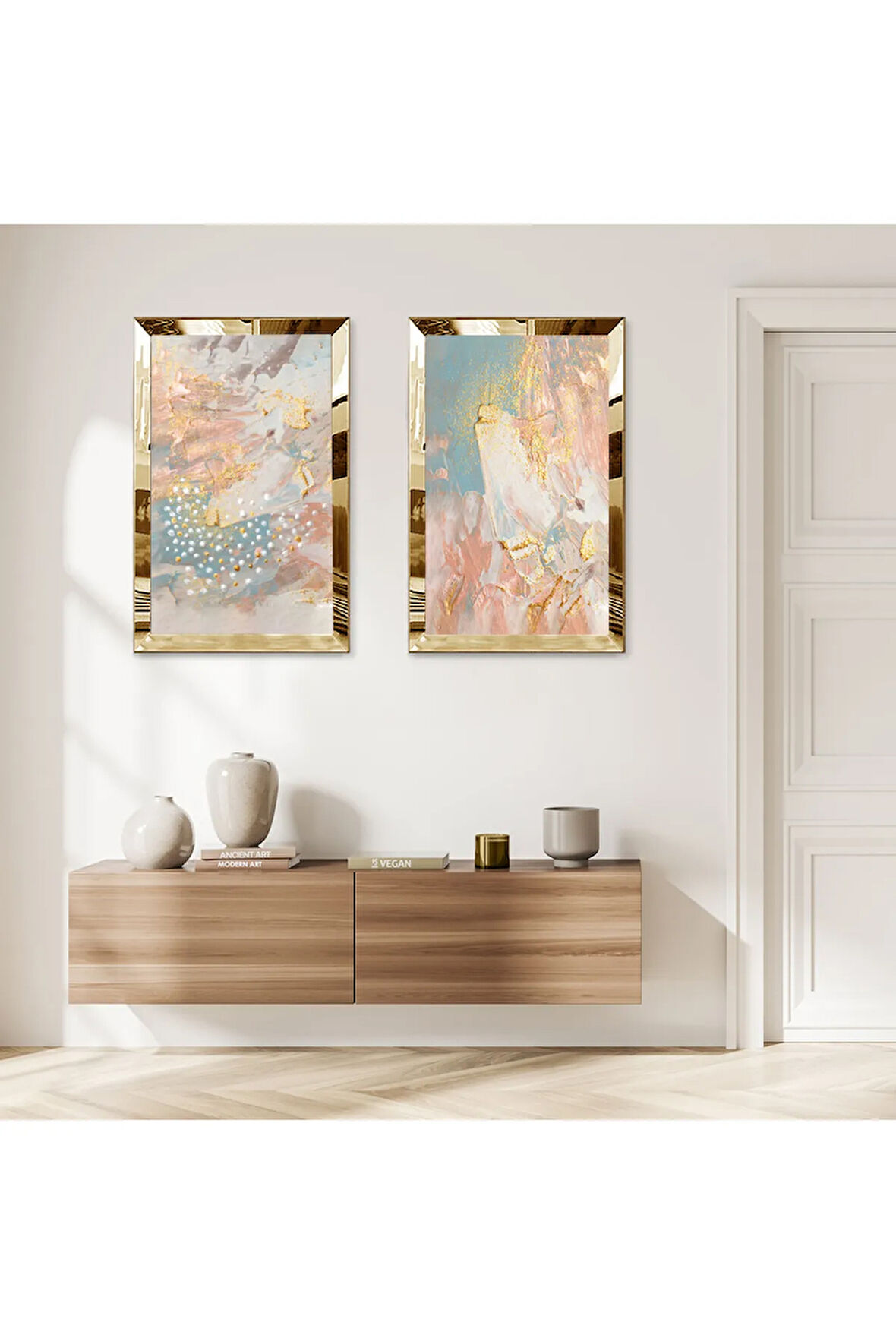 GOLD AYNALI PLEKSİ ÇERÇEVELİ RENKLİ ARKA PLANLI DEKORATİF SOYUT DESENLER İKİLİ MDF TABLO SETİ