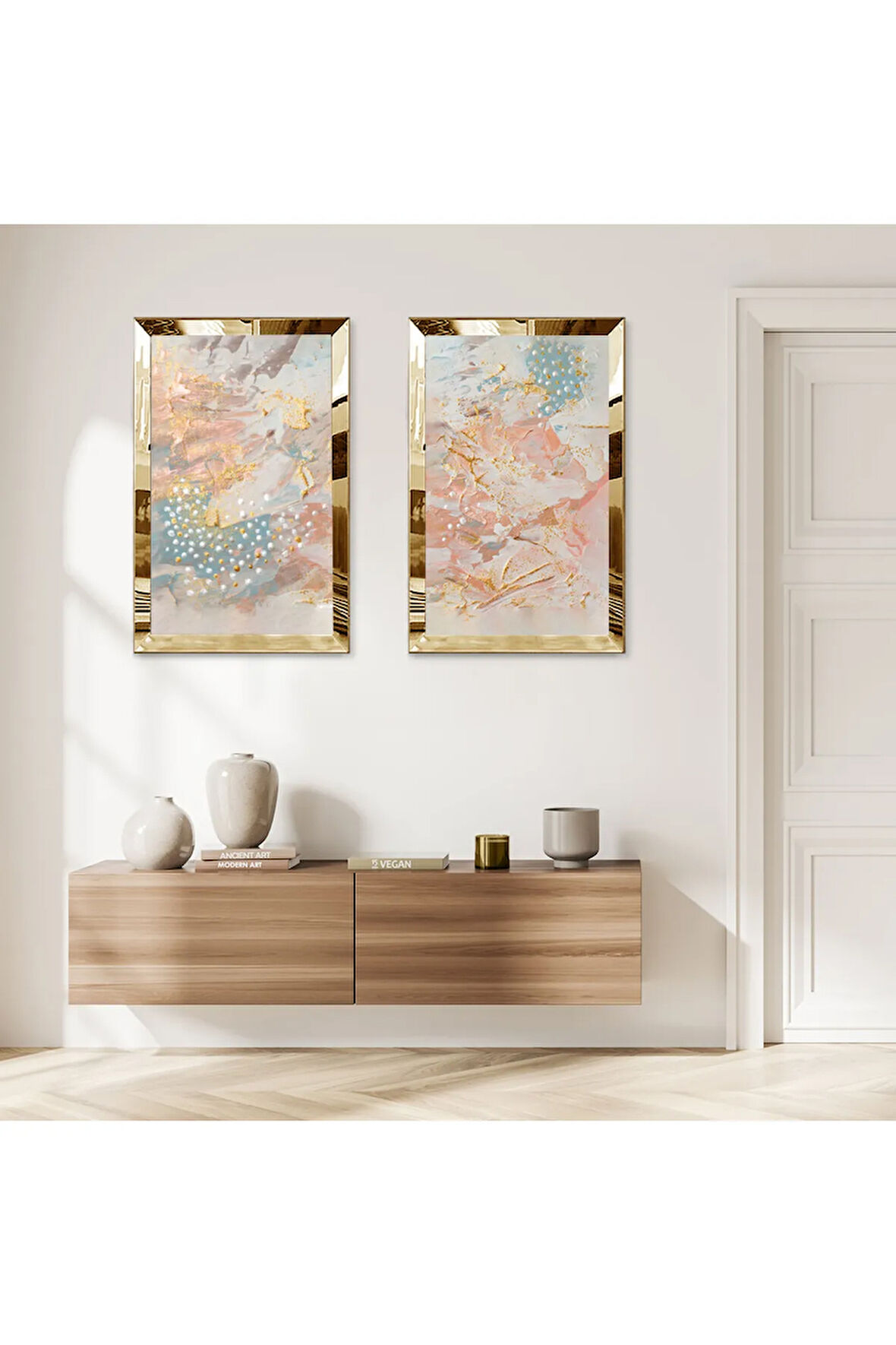 GOLD AYNALI PLEKSİ ÇERÇEVELİ RENKLİ ARKA PLANLI MODERN SOYUT DESENLER İKİLİ MDF TABLO SETİ