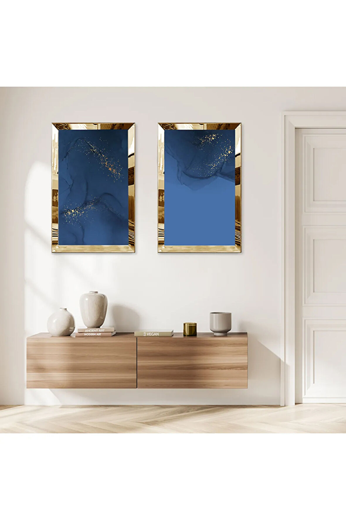 GOLD AYNALI PLEKSİ ÇERÇEVELİ LACİVERT ARKA PLANLI MODERN İKİLİ MDF TABLO SETİ