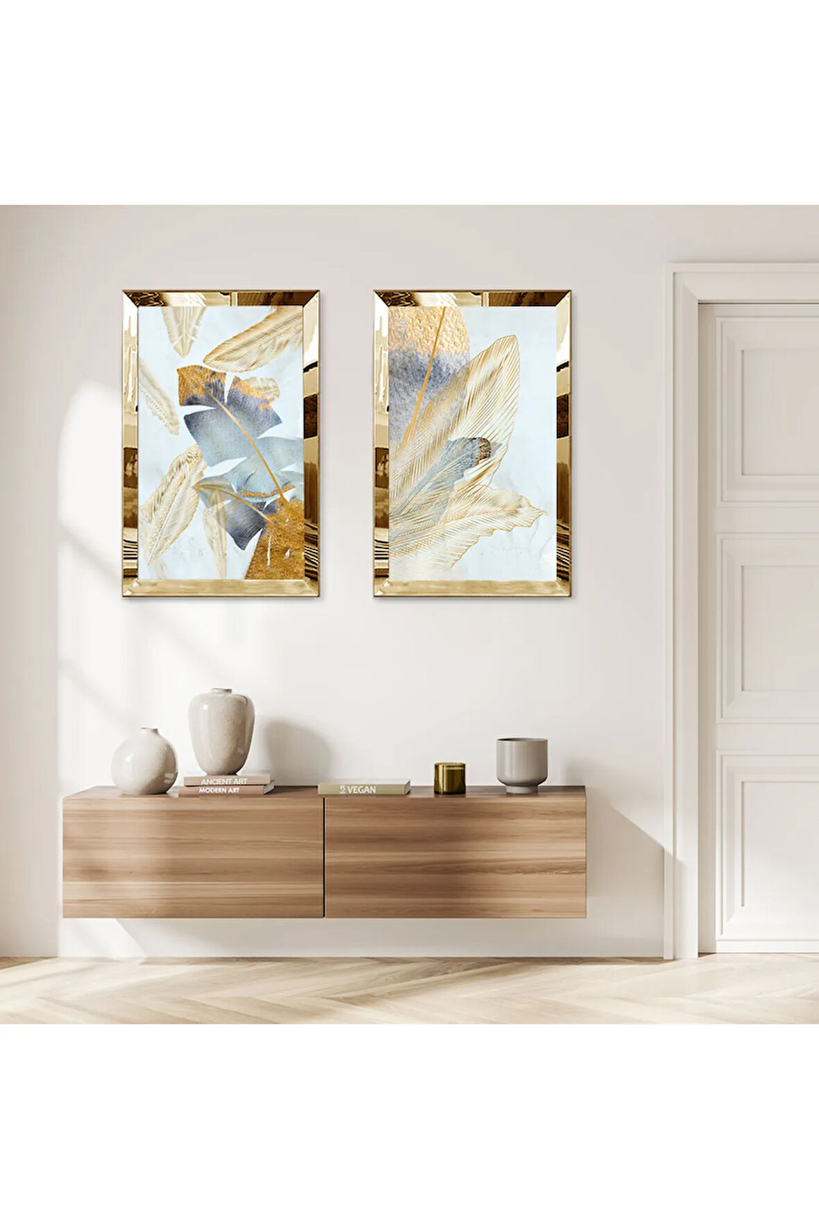 GOLD AYNALI PLEKSİ ÇERÇEVELİ AÇIK MAVİ ARKA PLANLI MODERN İKİLİ MDF TABLO SETİ