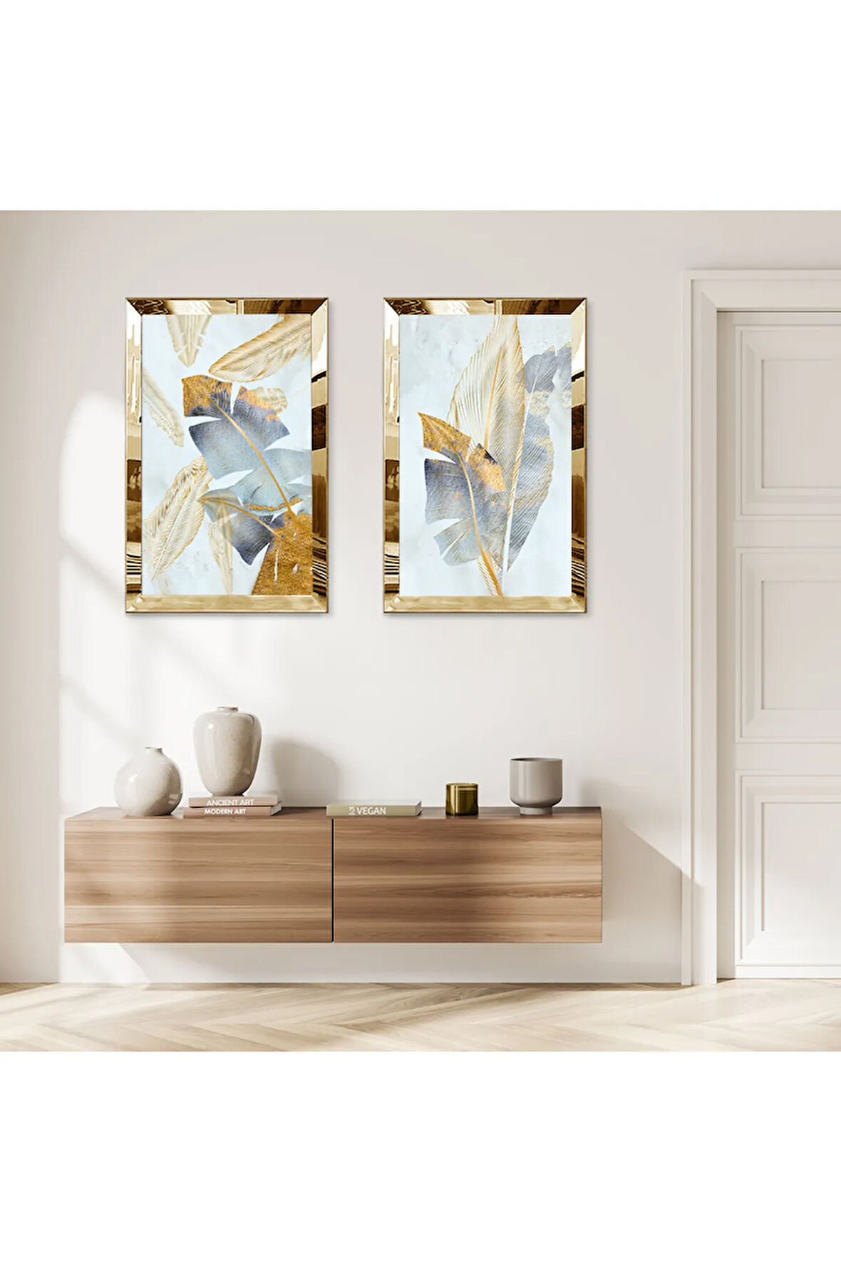 GOLD AYNALI PLEKSİ ÇERÇEVELİ AÇIK MAVİ ARKA PLANLI DEKORATİF İKİLİ MDF TABLO SETİ