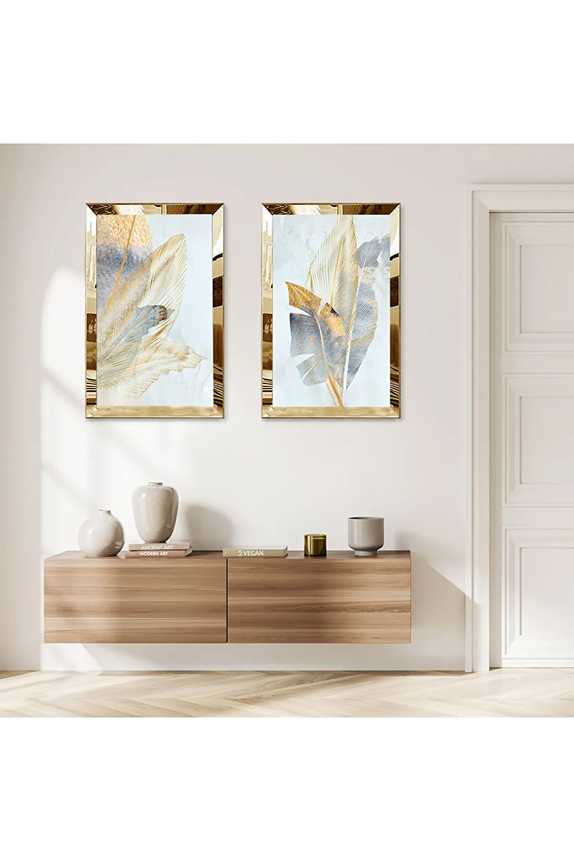 GOLD AYNALI PLEKSİ ÇERÇEVELİ AÇIK MAVİ ARKA PLANLI İKİLİ MDF TABLO SETİ