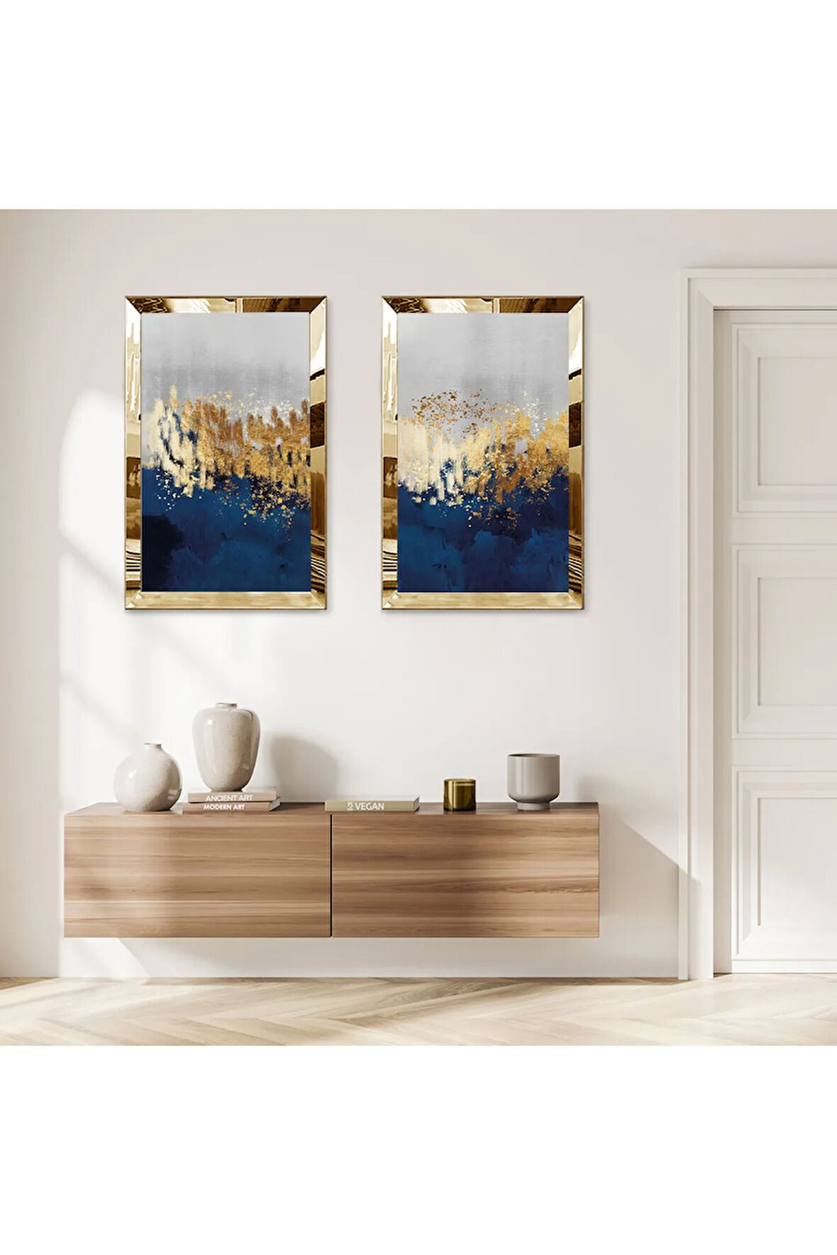 GOLD AYNALI PLEKSİ ÇERÇEVELİ MAVİ GOLD VE BEYAZ ARKA PLANLI DEKORATİF İKİLİ MDF TABLO SETİ