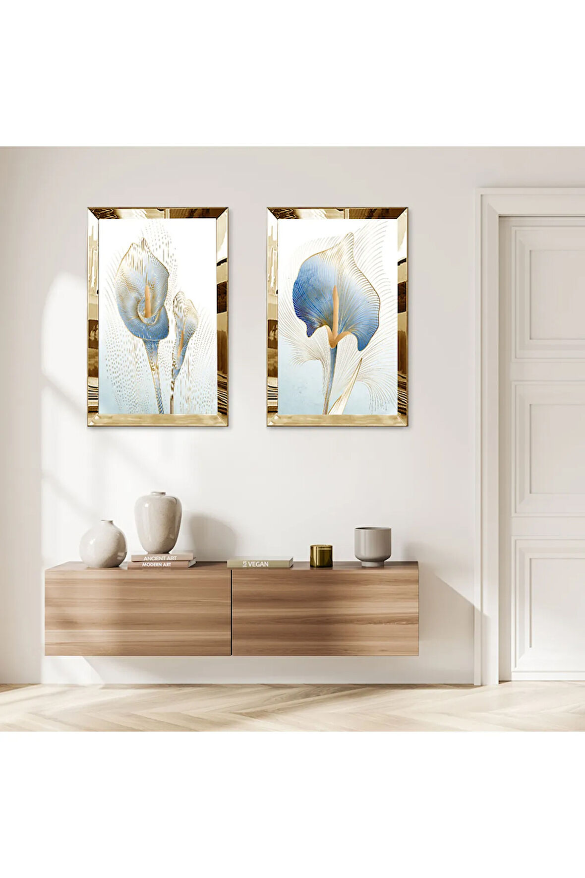 GOLD AYNALI PLEKSİ ÇERÇEVELİ MAVİ SOYUT ÇİÇEK MODERN İKİLİ MDF TABLO SETİ