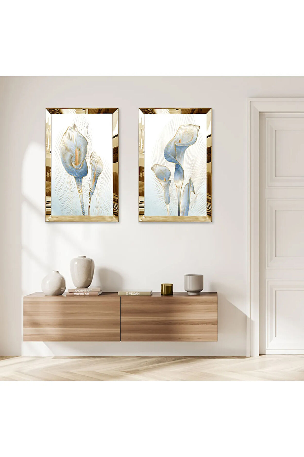 GOLD AYNALI PLEKSİ ÇERÇEVELİ MAVİ SOYUT ÇİÇEK DEKORATİF İKİLİ MDF TABLO SETİ