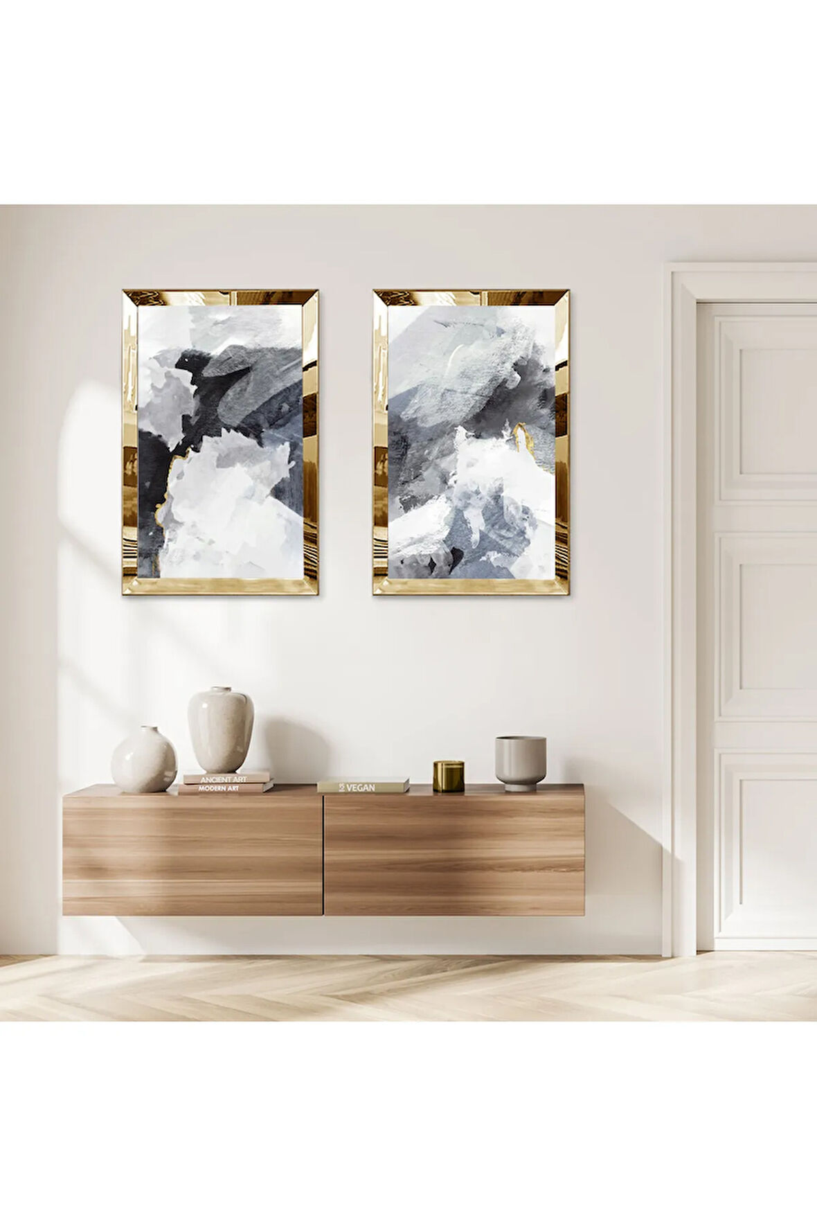 GOLD AYNALI PLEKSİ ÇERÇEVELİ RENKLİ ARKA PLANLI ARKA PLANLI MODERN SOYUT ÇİZİM İKİLİ MDF TABLO SETİ