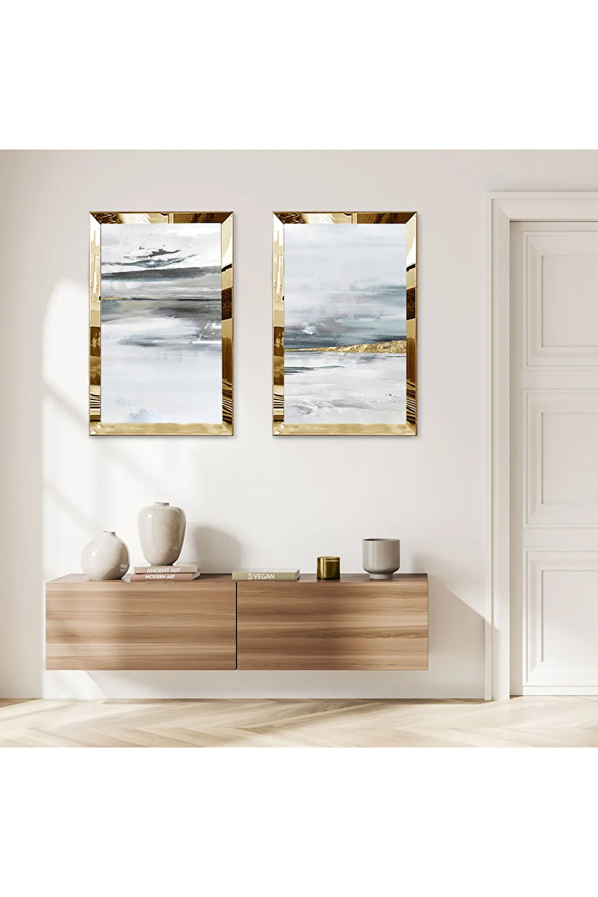 GOLD AYNALI PLEKSİ ÇERÇEVELİ BEYAZ VE SİYAH KARIŞIMI ARKA PLANLI MODERN İKİLİ MDF TABLO SETİ