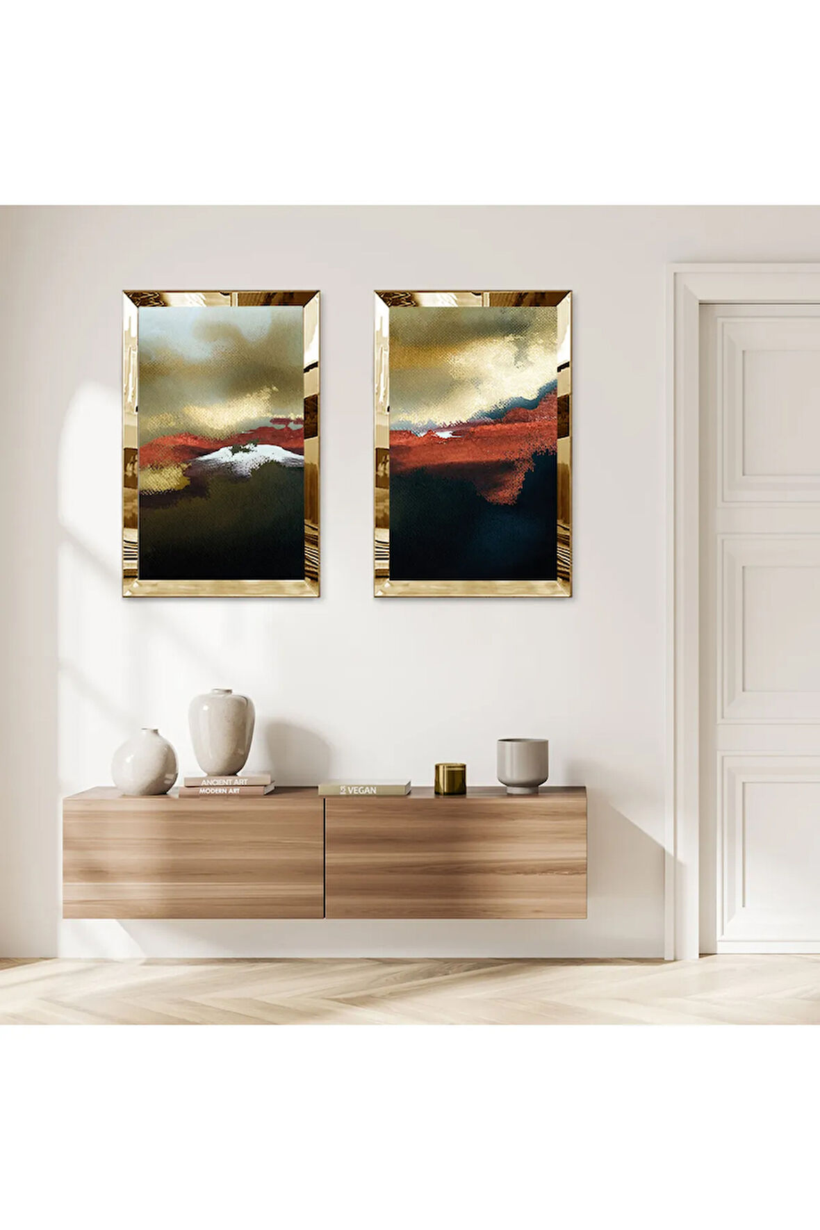 GOLD AYNALI PLEKSİ ÇERÇEVELİ KAPALI RENK ARKA PLANLI İKİLİ MDF TABLO SETİ