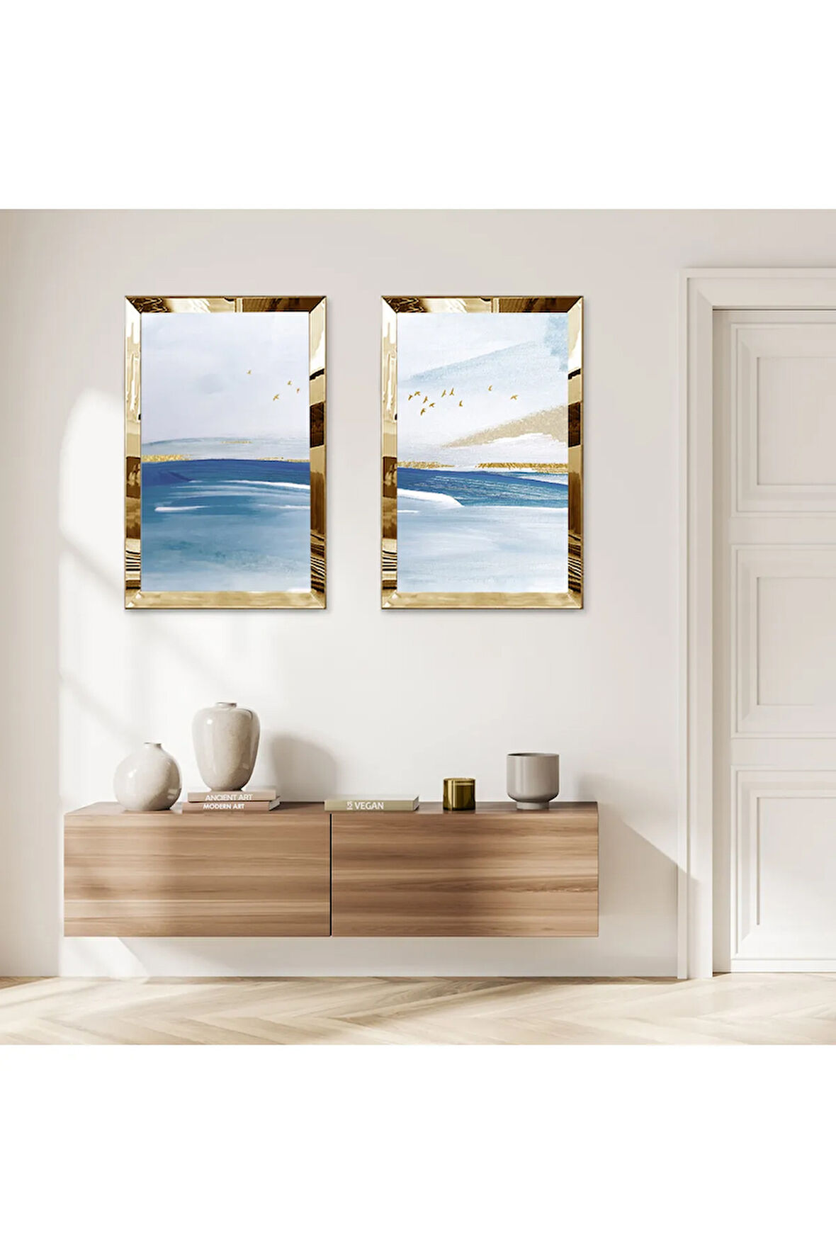 GOLD AYNALI PLEKSİ ÇERÇEVELİ DENİZ MANZARALI MODERN İKİLİ MDF TABLO SETİ