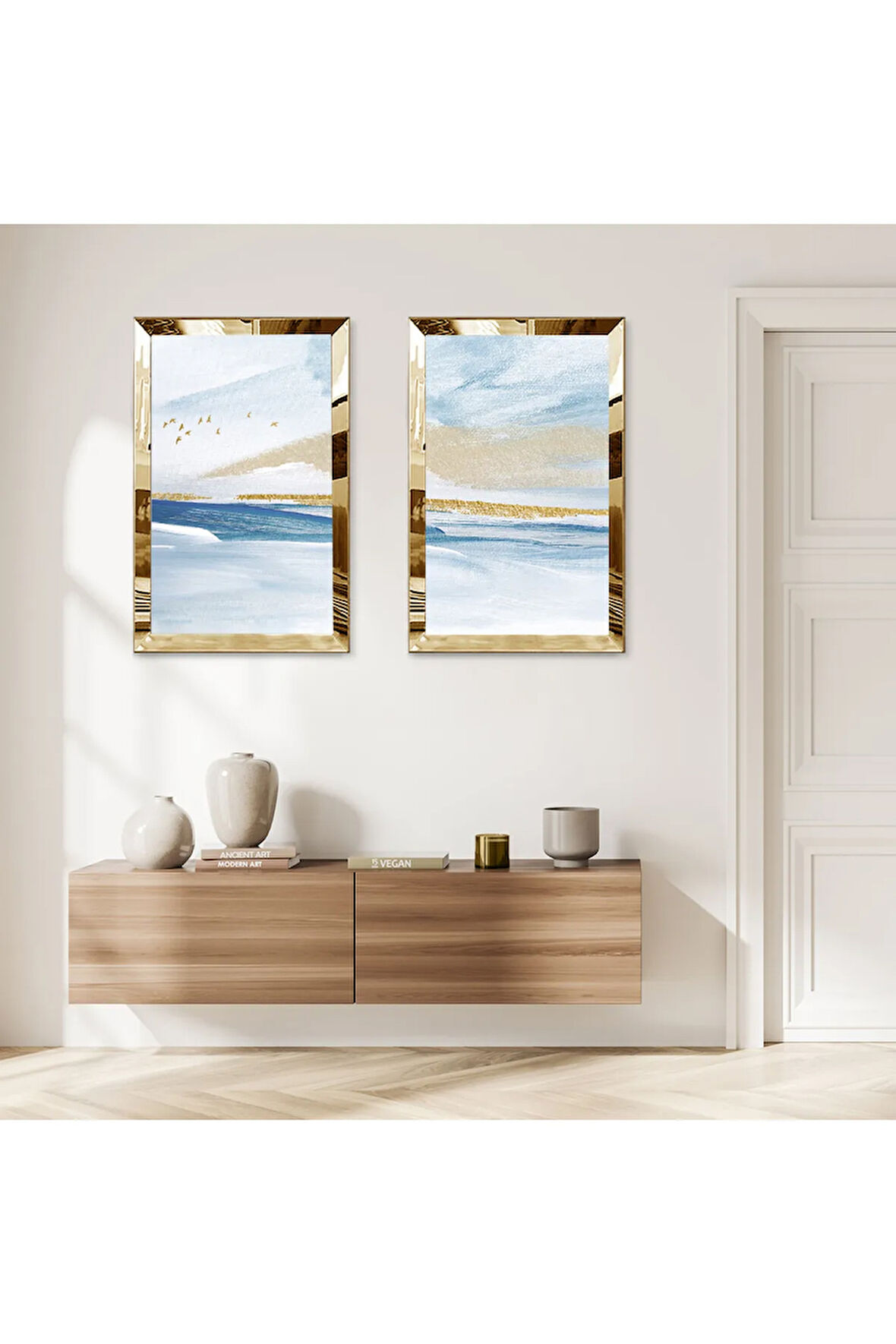 GOLD AYNALI PLEKSİ ÇERÇEVELİ SOYUT DENİZ MANZARALI İKİLİ MDF TABLO SETİ