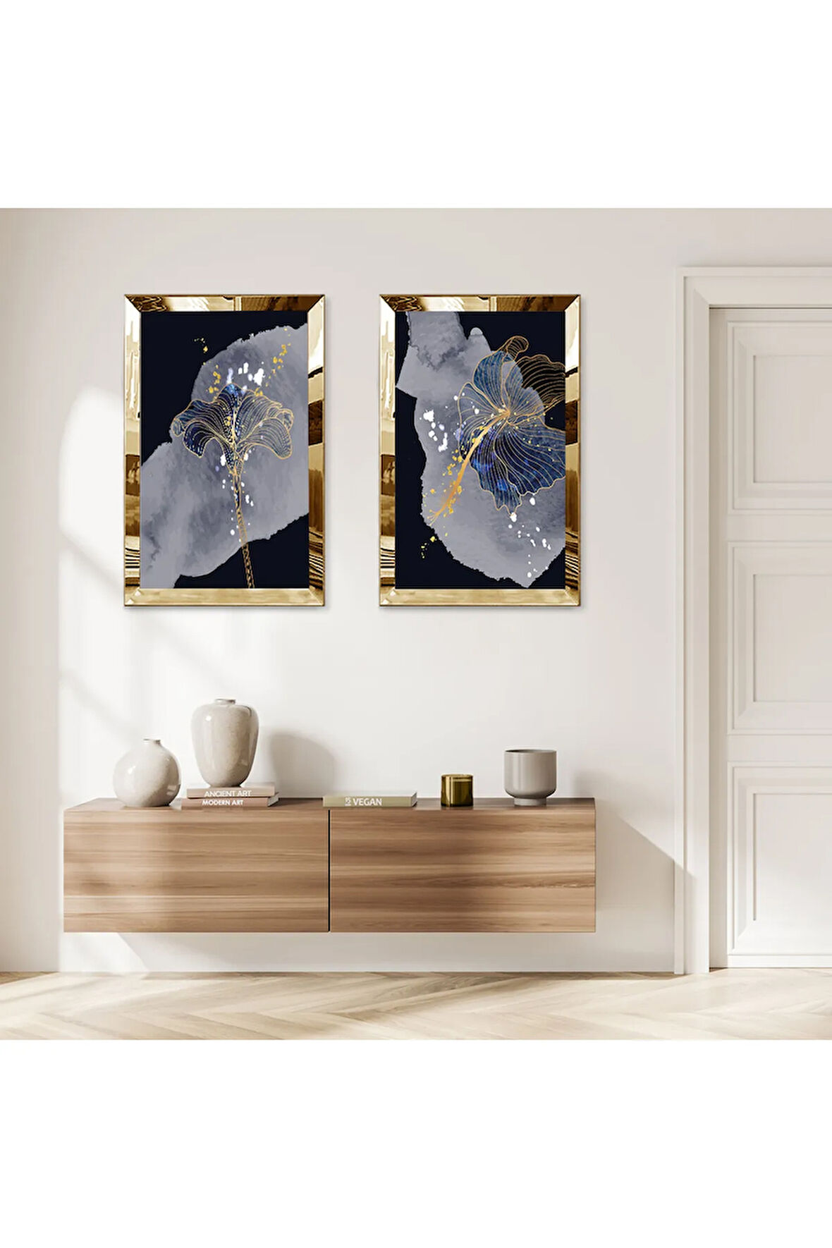 GOLD AYNALI PLEKSİ ÇERÇEVELİ SİYAH ARKA PLANLI GRİ SOYUT ŞEKİLLİ MODERN İKİLİ MDF TABLO SETİ