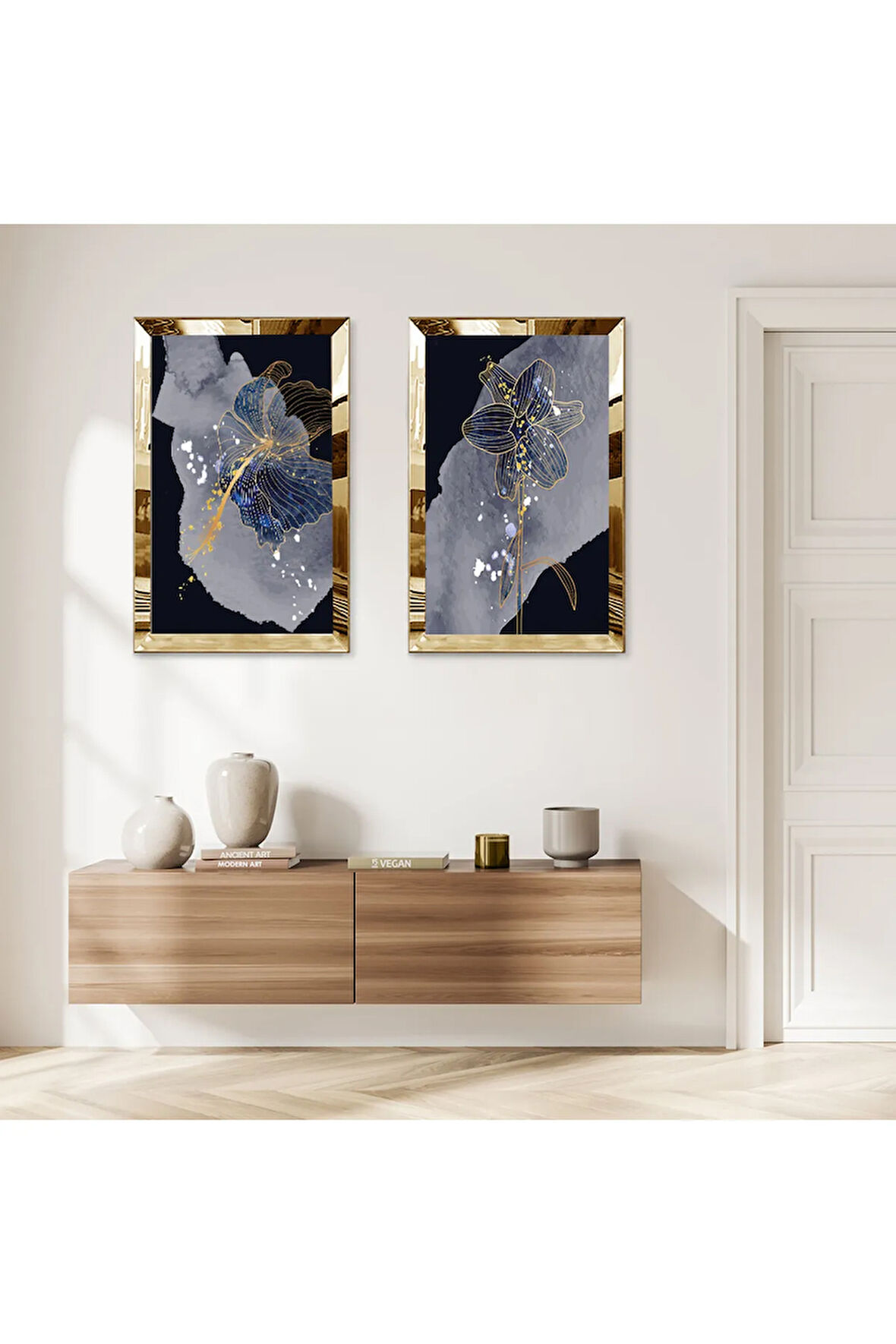 GOLD AYNALI PLEKSİ ÇERÇEVELİ SİYAH ARKA PLANLI GRİ SOYUT ŞEKİLLİ İKİLİ MDF TABLO SETİ