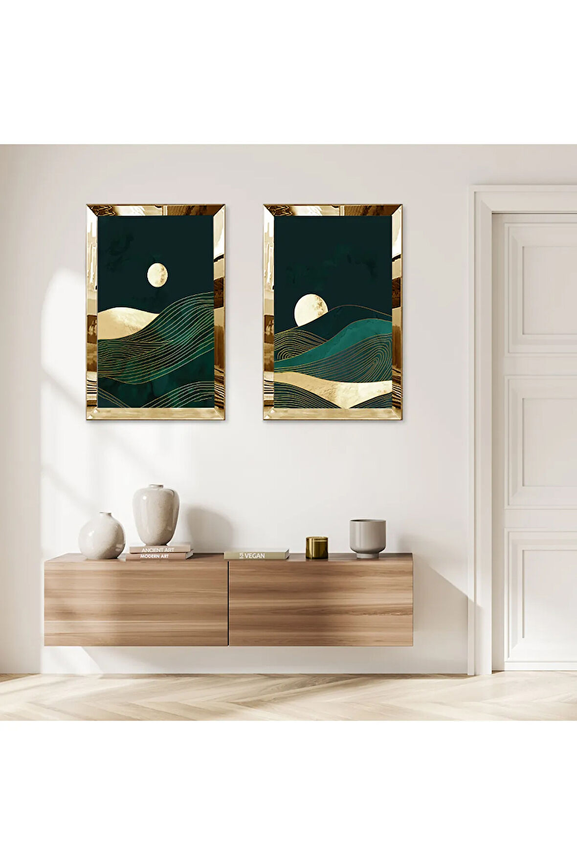 GOLD AYNALI PLEKSİ ÇERÇEVELİ GECE DAĞ MANZARALI MODERN İKİLİ MDF TABLO SETİ