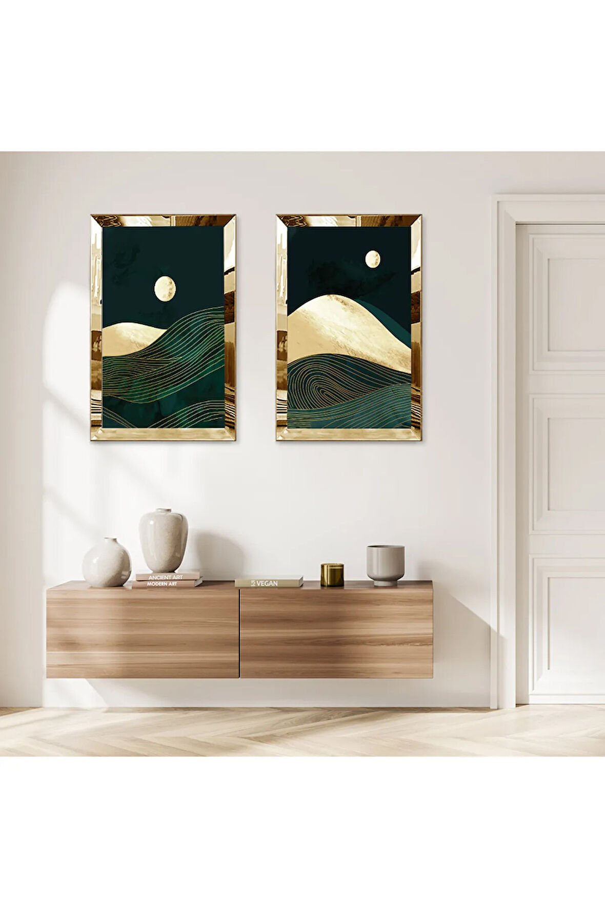 GOLD AYNALI PLEKSİ ÇERÇEVELİ DEKORATİF GECE DAĞ MANZARALI İKİLİ MDF TABLO SETİ