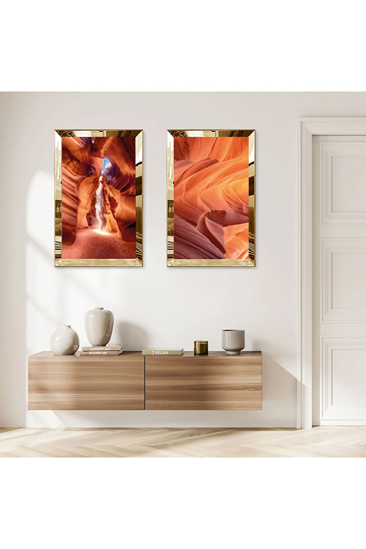 GOLD AYNALI PLEKSİ ÇERÇEVELİ TURUNCU SOYUT KUM İKİLİ MDF TABLO SETİ