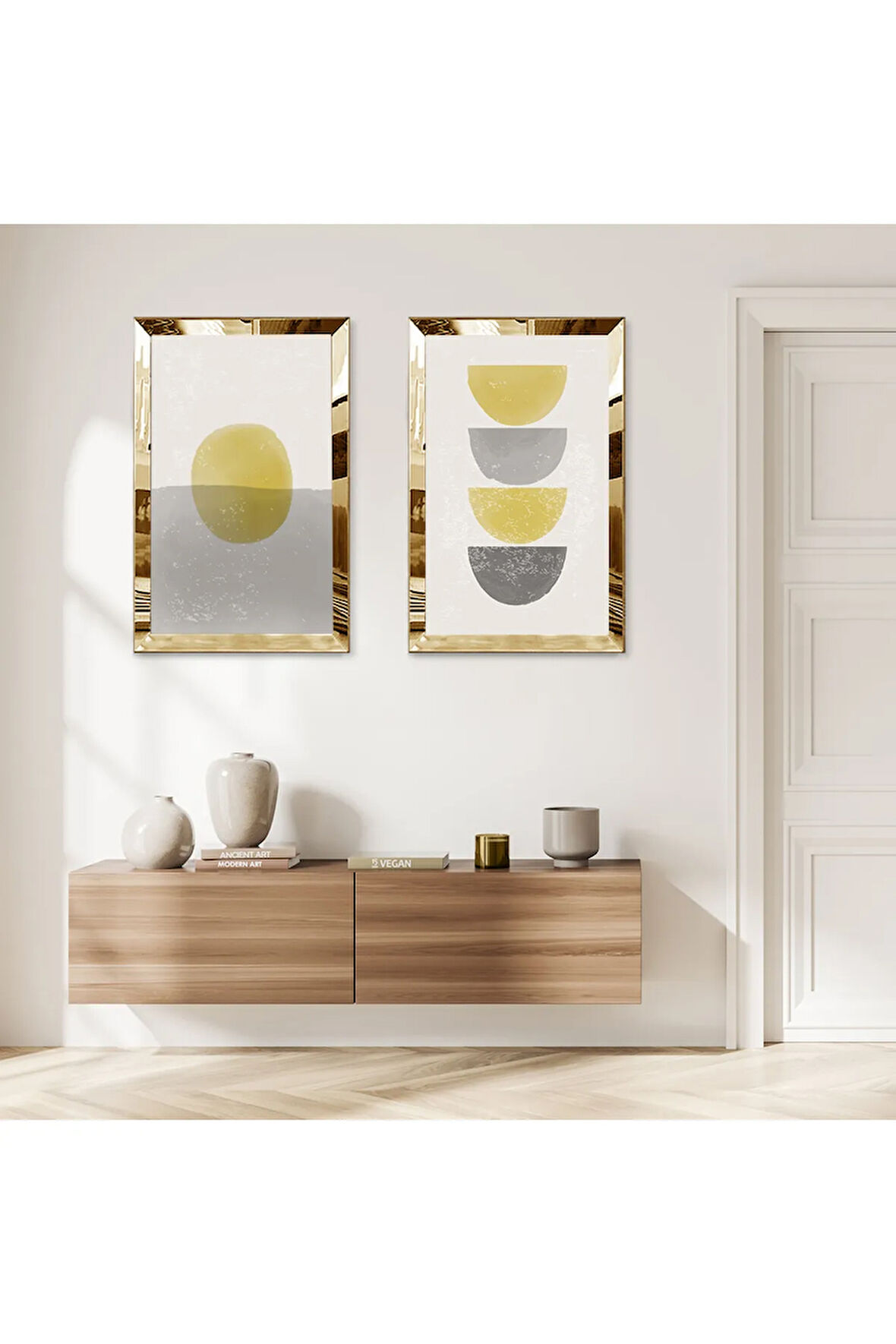 GOLD AYNALI PLEKSİ ÇERÇEVELİ BEYAZ ARKA PLANLI MODERN YUVARLAKLAR İKİLİ MDF TABLO SETİ