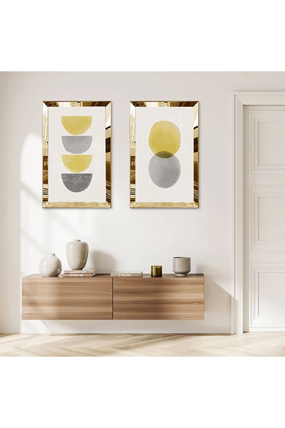 GOLD AYNALI PLEKSİ ÇERÇEVELİ MODERN BEYAZ ARKA PLANLI YUVARLAKLAR İKİLİ MDF TABLO SETİ